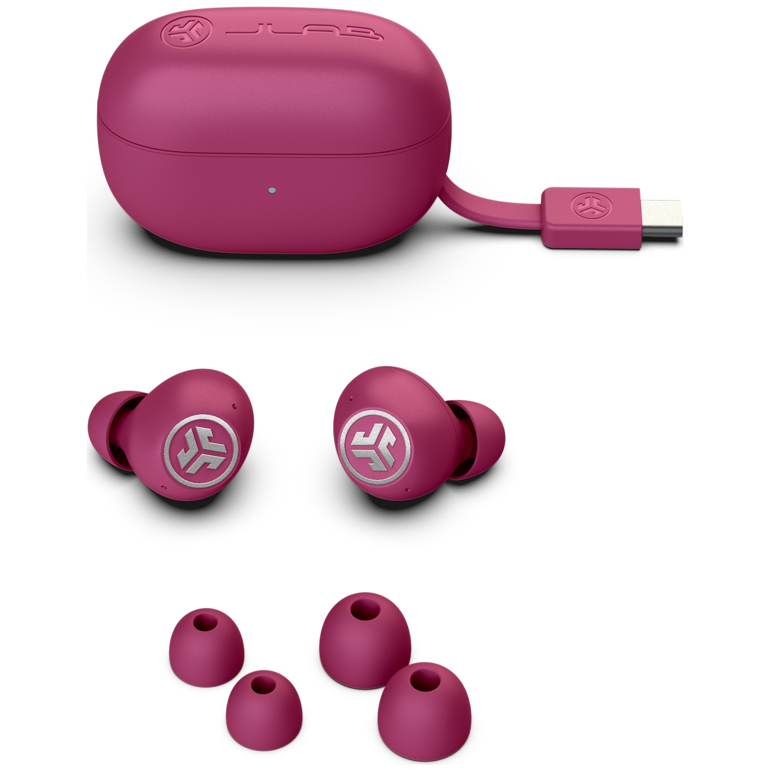 Een roze oordopjeshoes met USB-C-kabel en twee oordopjes.
