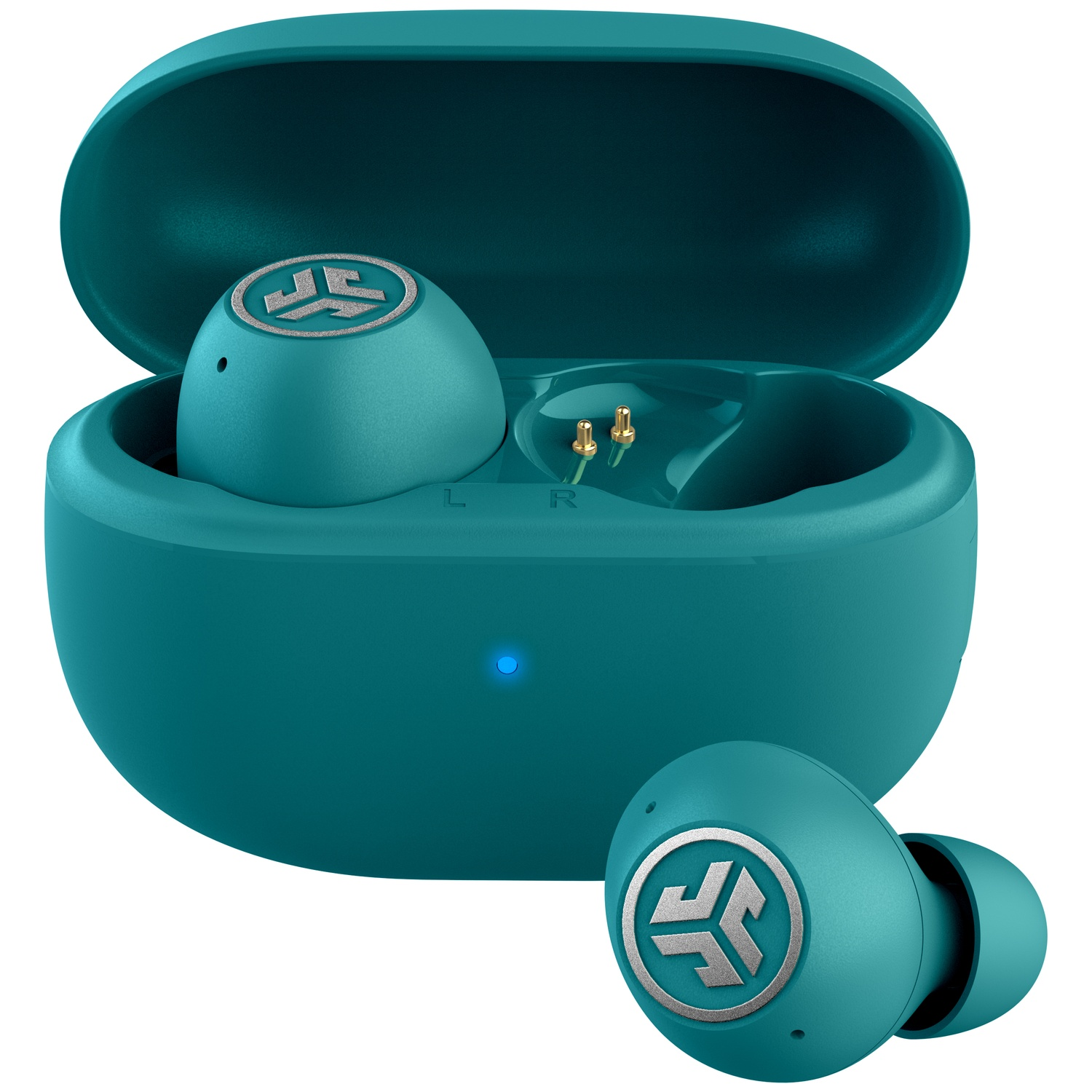 Turquoise draadloze oordopjes met oplaadcase en JL-logo.