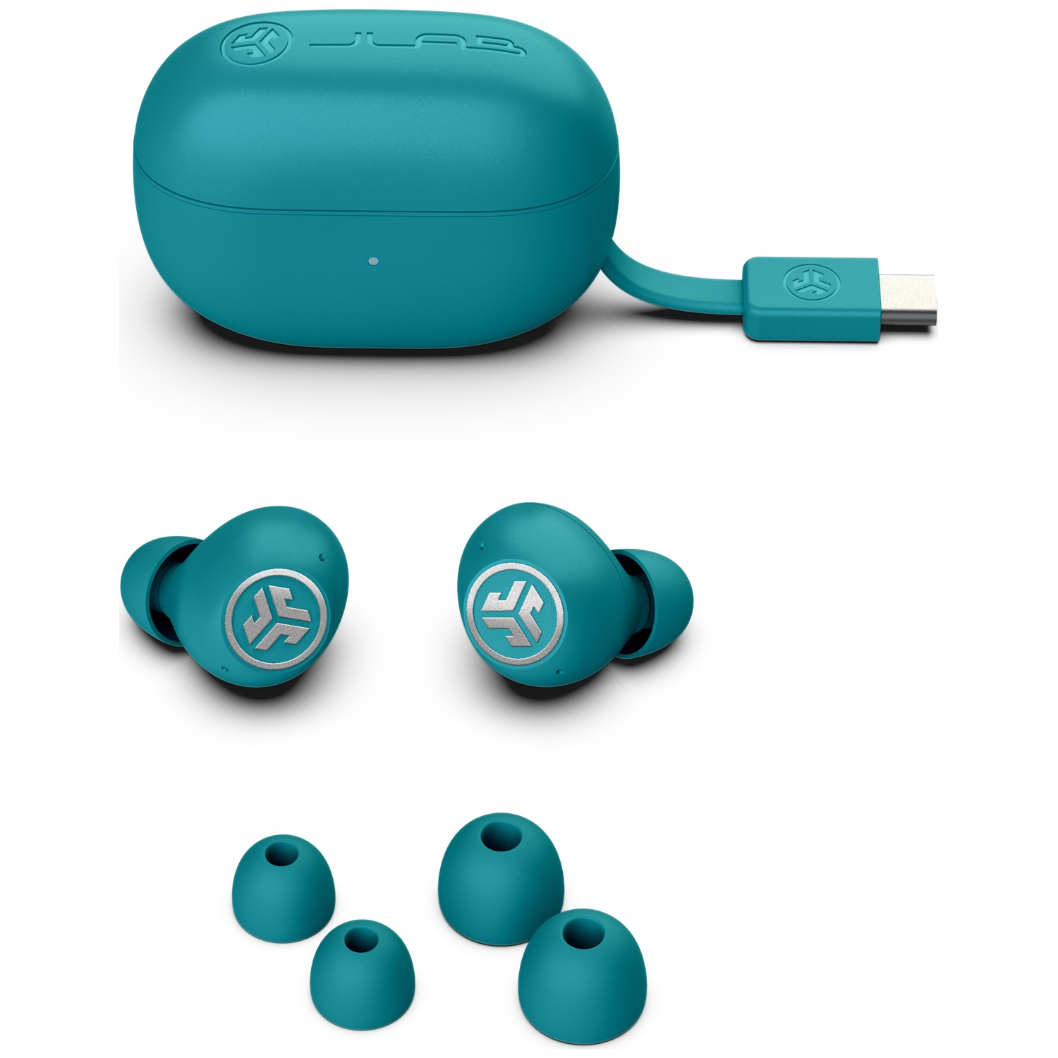 Turquoise oordopjes met oplaadcase, USB-C kabel en drie extra oordopjes.