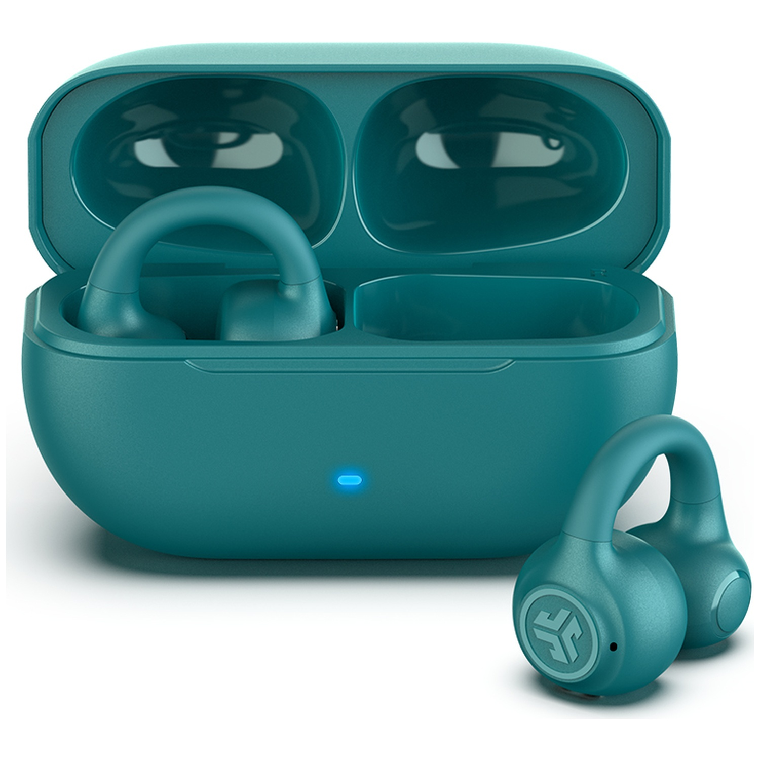Turquoise oordopjes met oplaadcase, een paar ernaast.