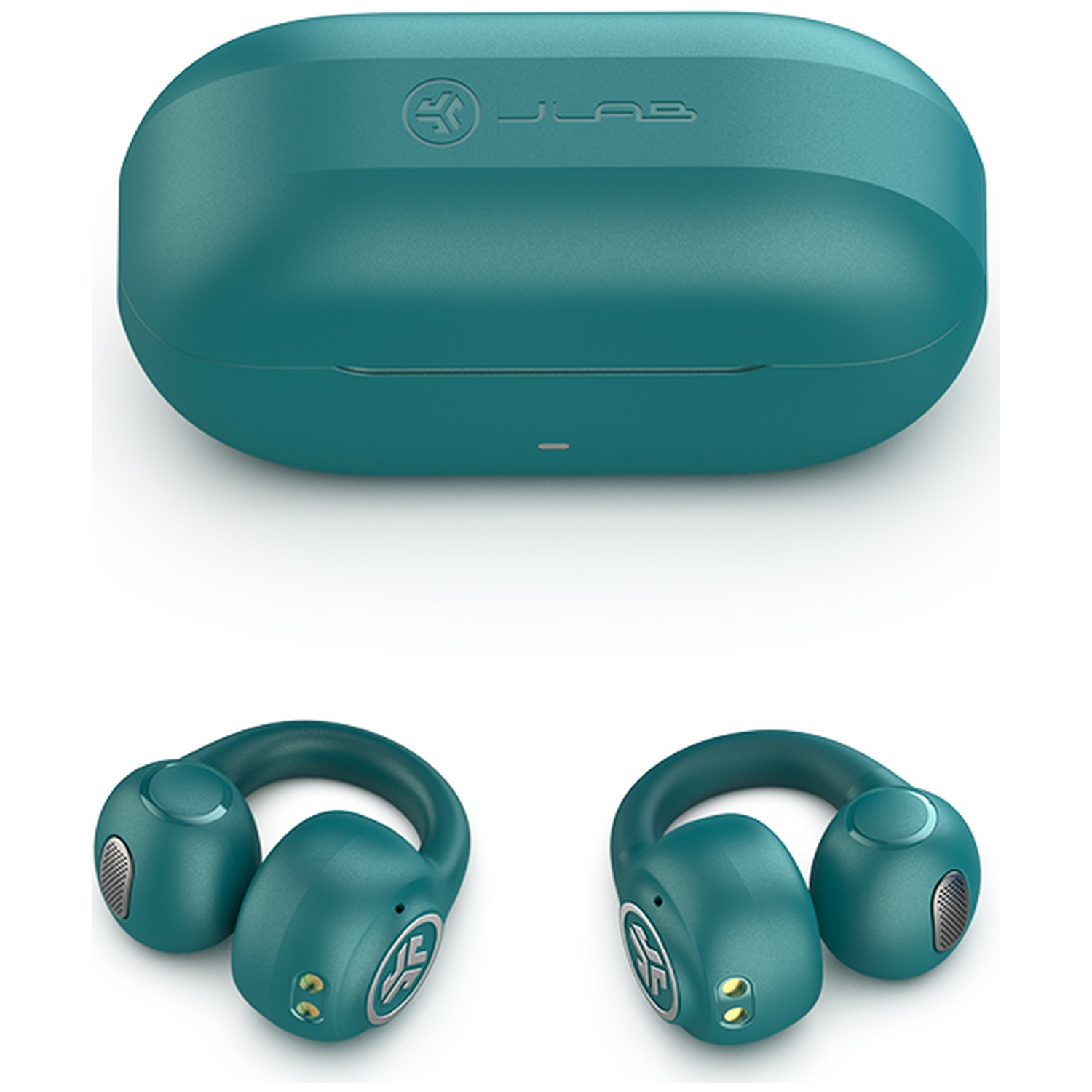 Turquoise oordopjes met oplaadcase en logo. Twee aparte oordopjes.