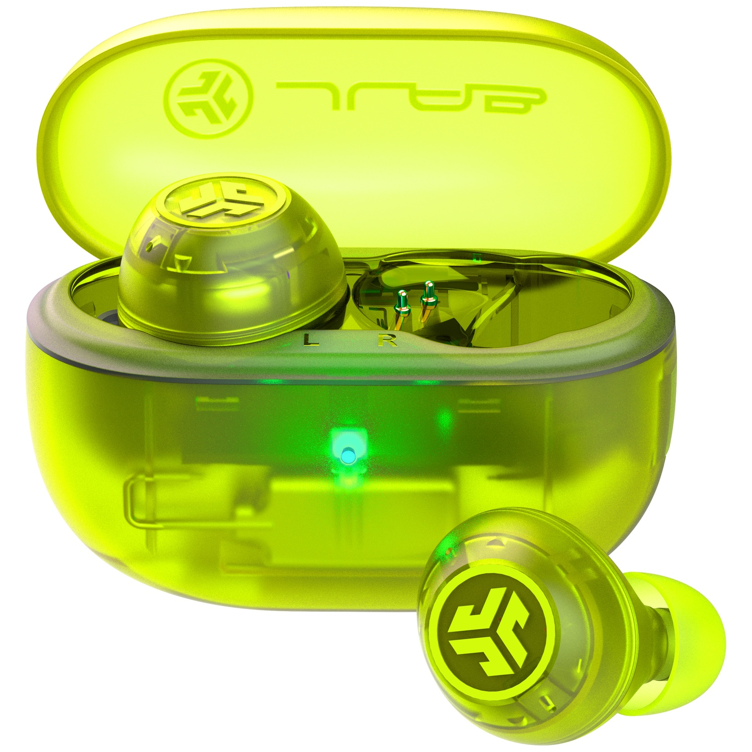 Felgroene transparante draadloze oordopjes met oplaadcase.