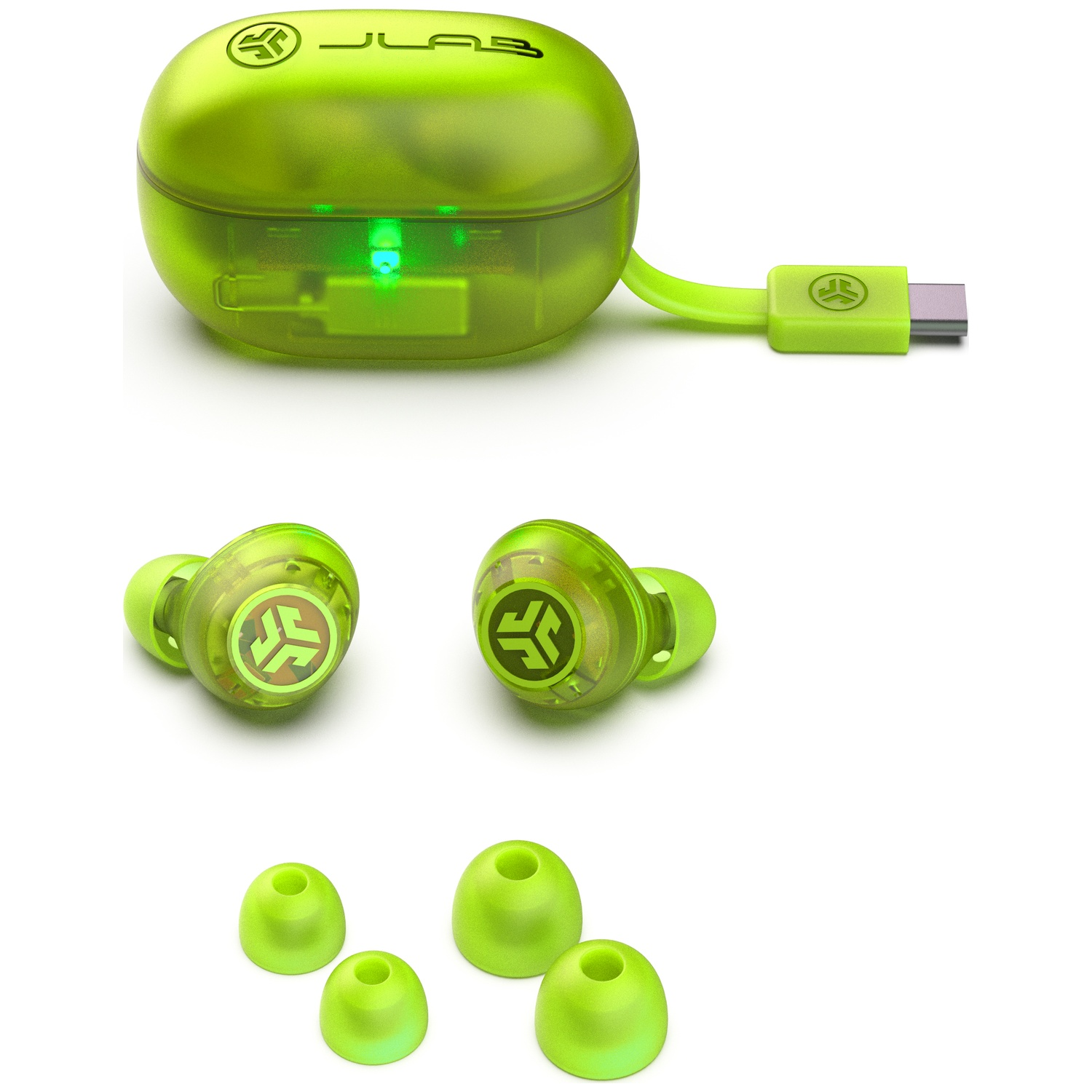 Groen draadloos oordopjeshoesje met USB-C, twee oordopjes, dopjes.