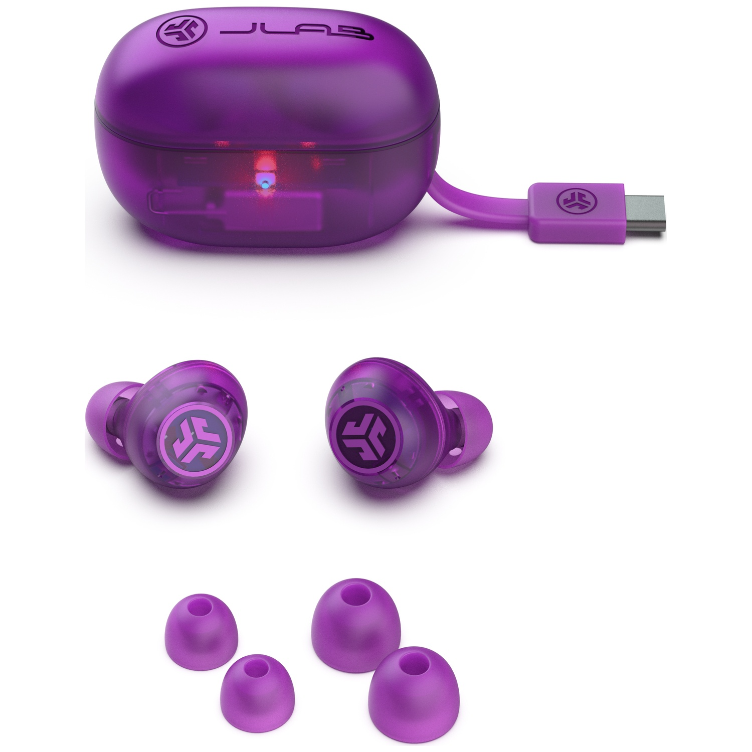 Paarse doorschijnende oplaadcase met oordopjes en USB-C-kabel.
