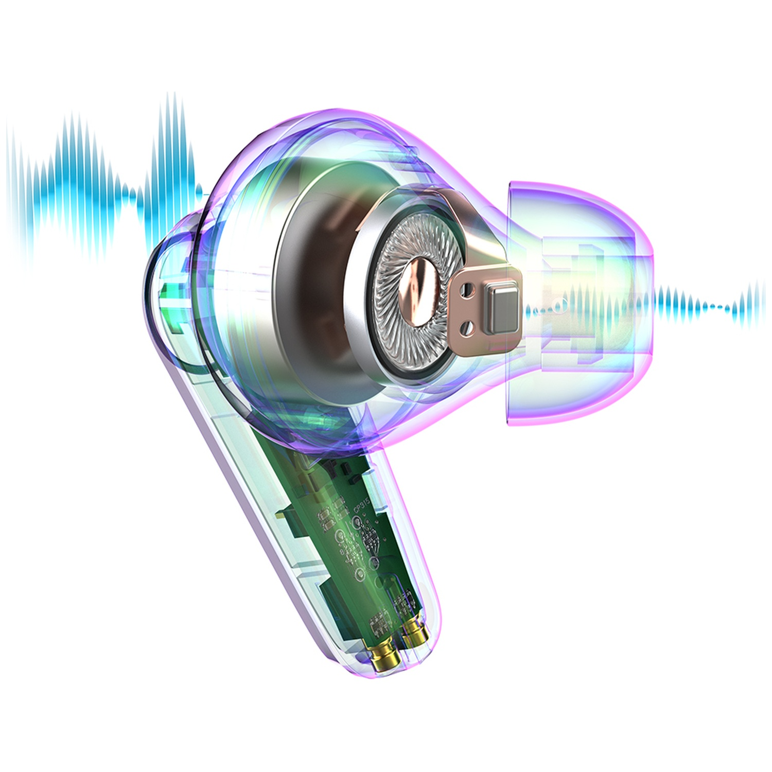 Écouteur transparent montrant circuit et ondes sonores.