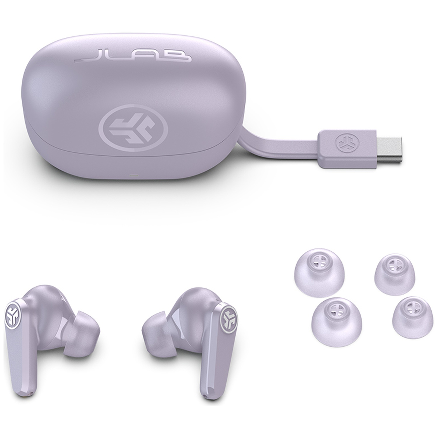 Un étui de chargement violet avec des écouteurs et des embouts.