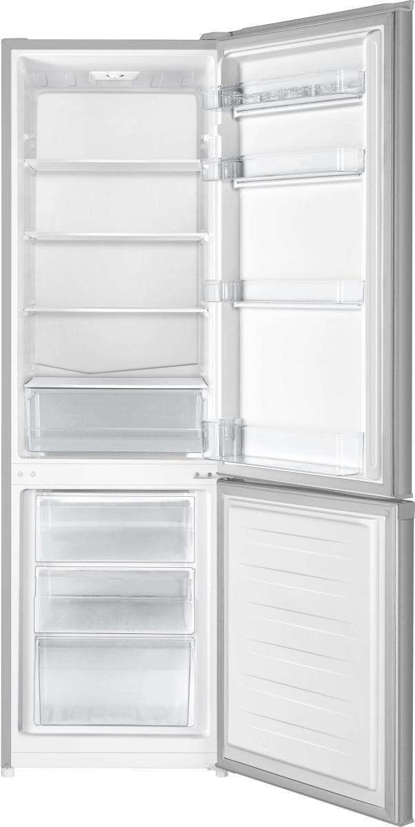 Ein offener, leerer Kühlschrank mit Glasböden und Schubladen.