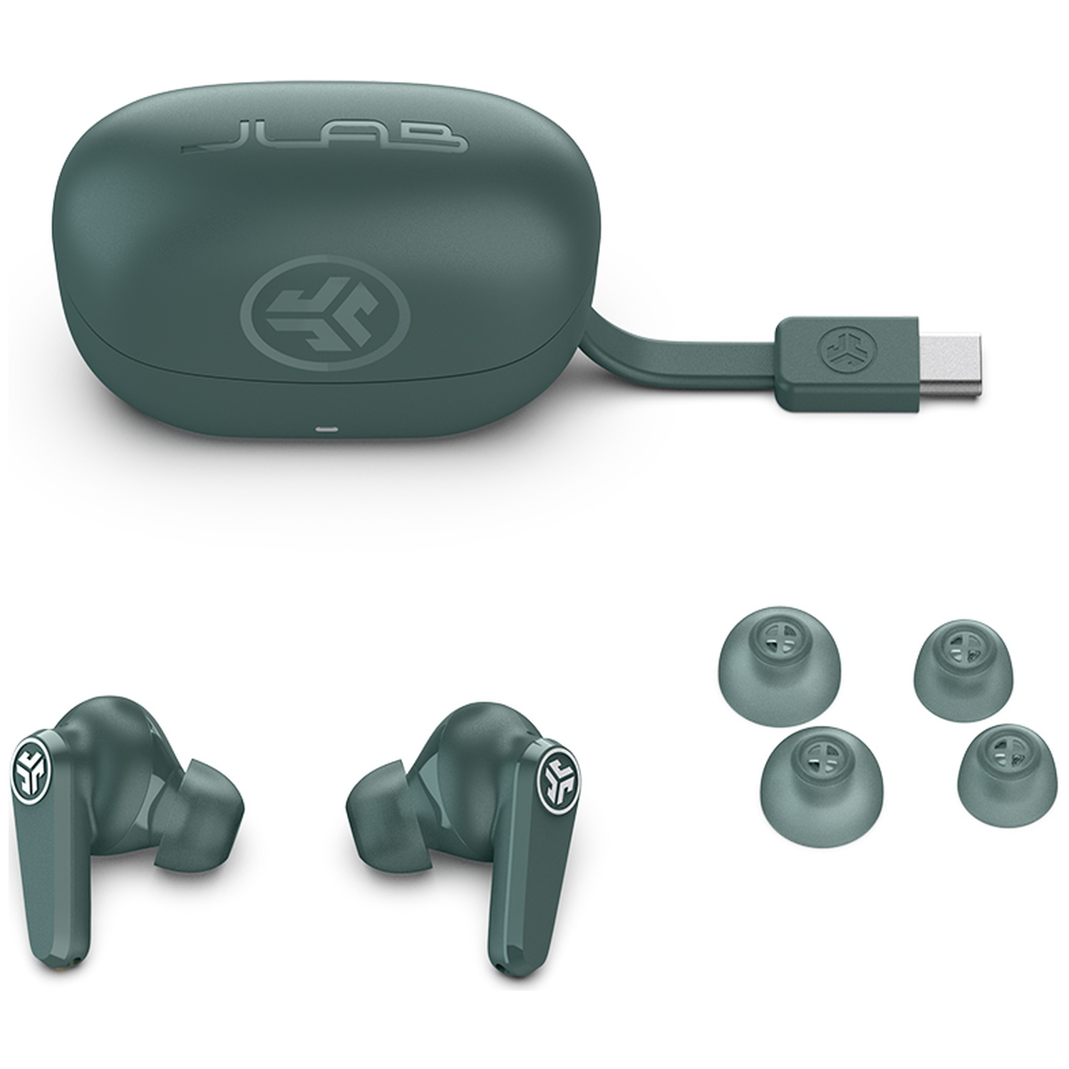 Écouteurs sans fil verts avec étui de chargement, connecteur USB-C et embouts.