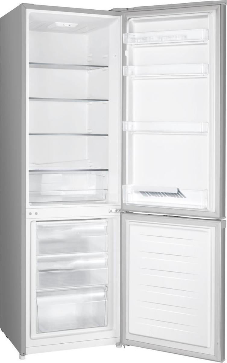 Ein leerer, offener Kühlschrank mit Glasregalen und Gefrierschubladen.