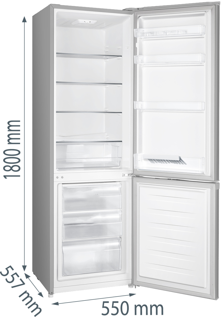 Ein silberner Kühlschrank mit geöffneter Tür, Maße 1800x550x557 mm.