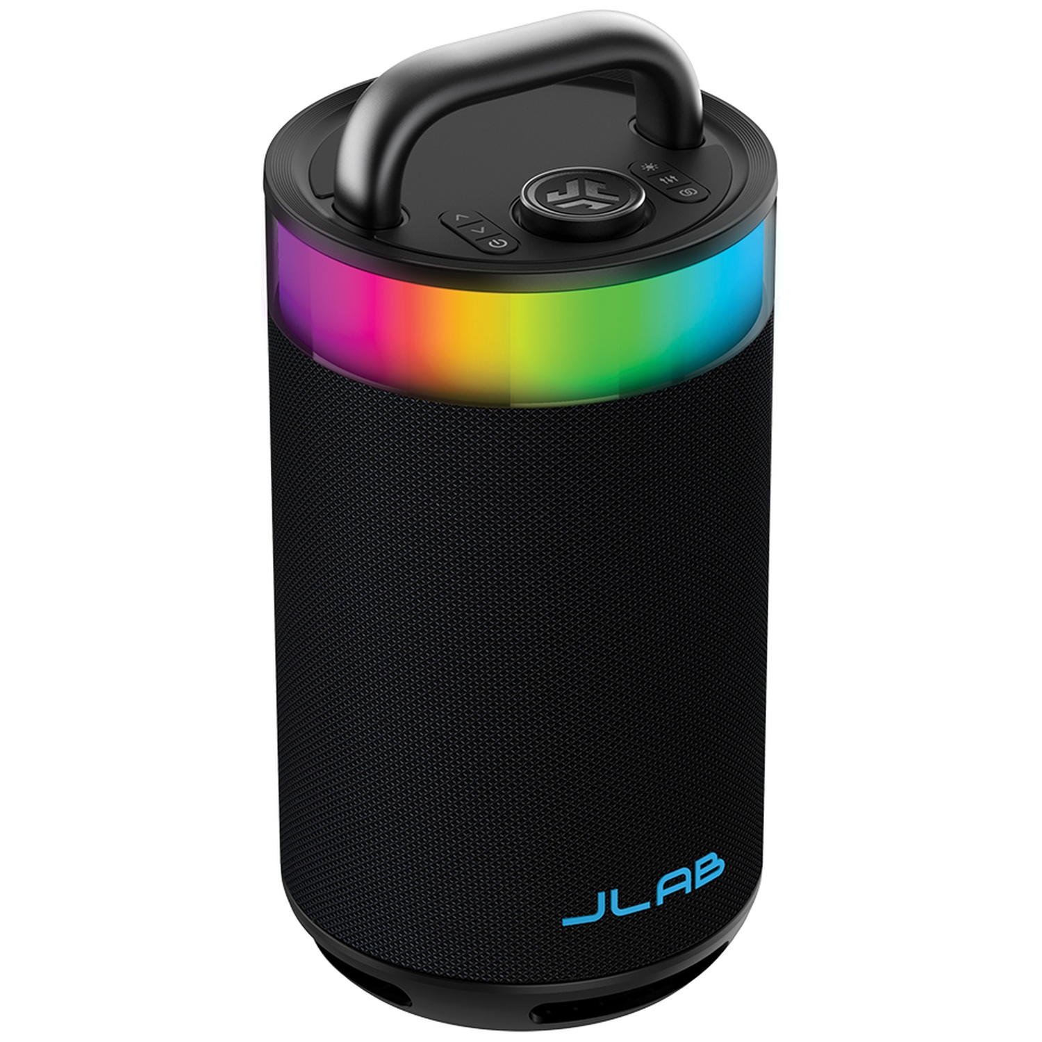 Black cylindrical speaker with a handle and colorful lights.