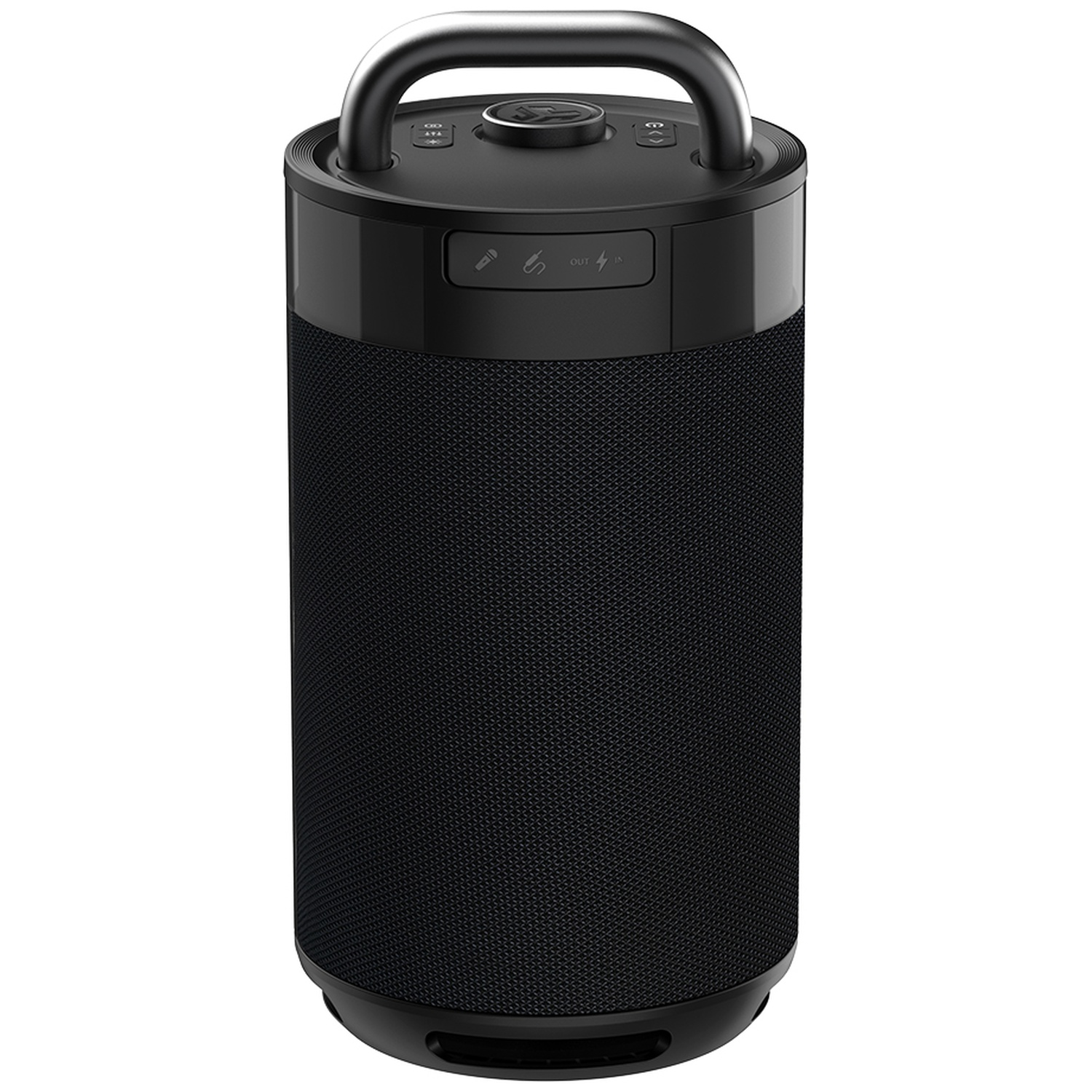 A black portable speaker with a handle and controls on top, textured speaker grille.