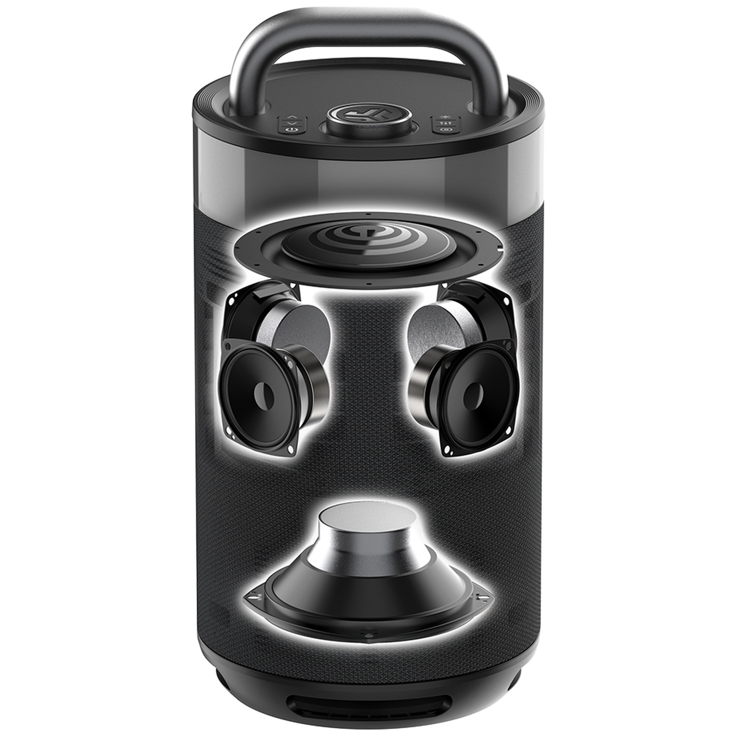 Cutaway view of a black cylindrical speaker showing drivers and handle.