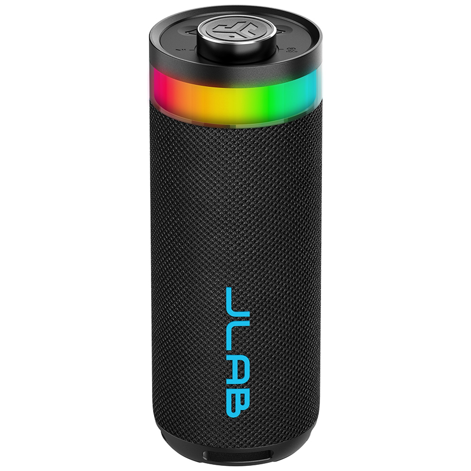 Black speaker with colorful LED light ring and JLab logo.