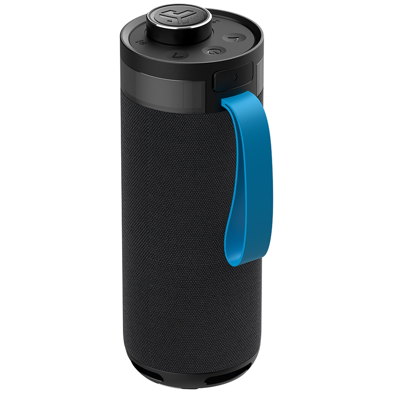 Black cylindrical speaker with blue loop and control buttons on top.
