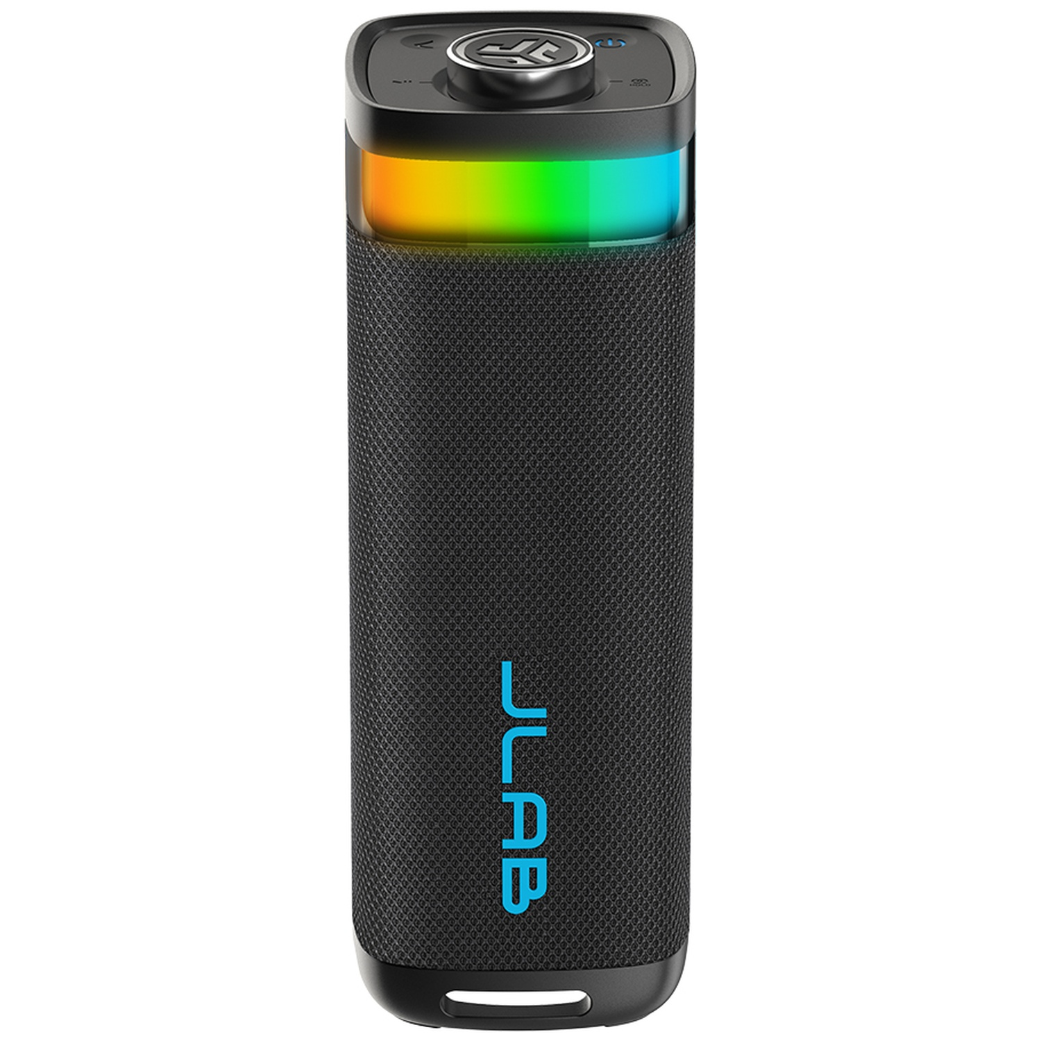 Black Bluetooth speaker with RGB light ring and JLab logo.