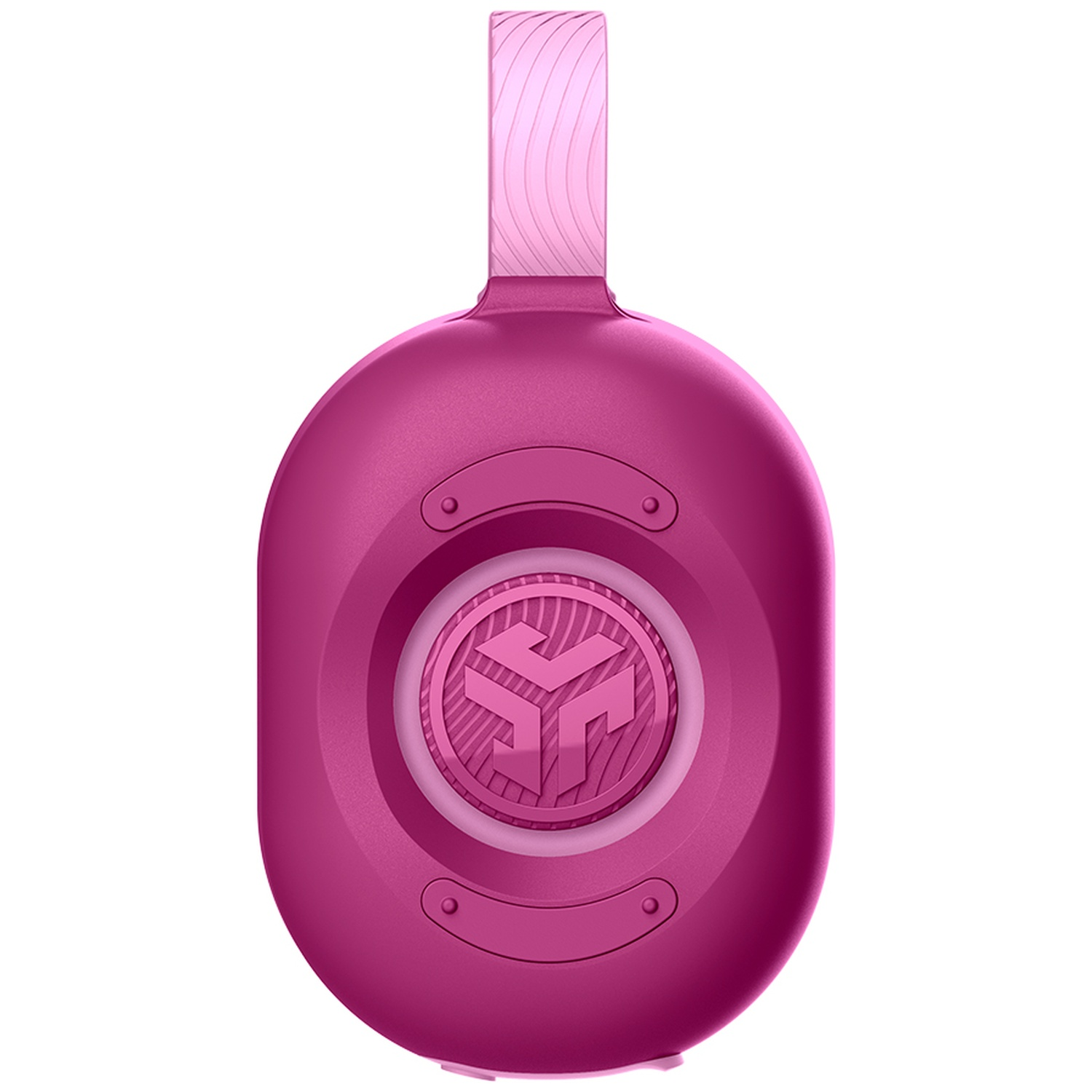 A pink headphone with a logo in the center.