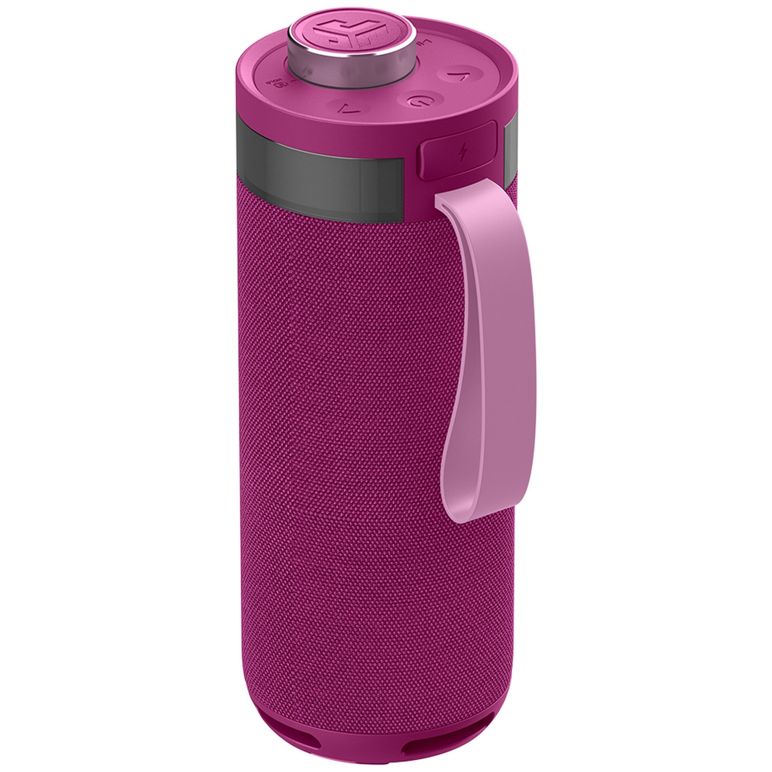A small, pink speaker with a handle and controls on top.