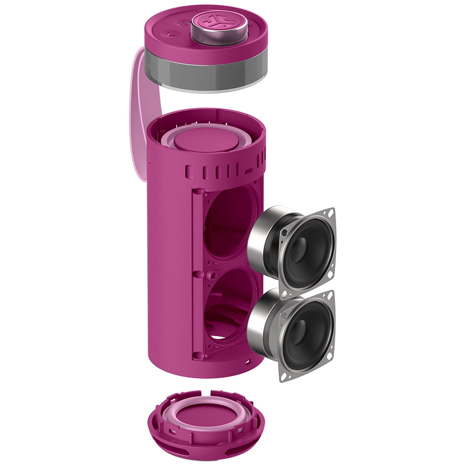 Exploded view of a pink speaker showing exposed drivers and casing parts.