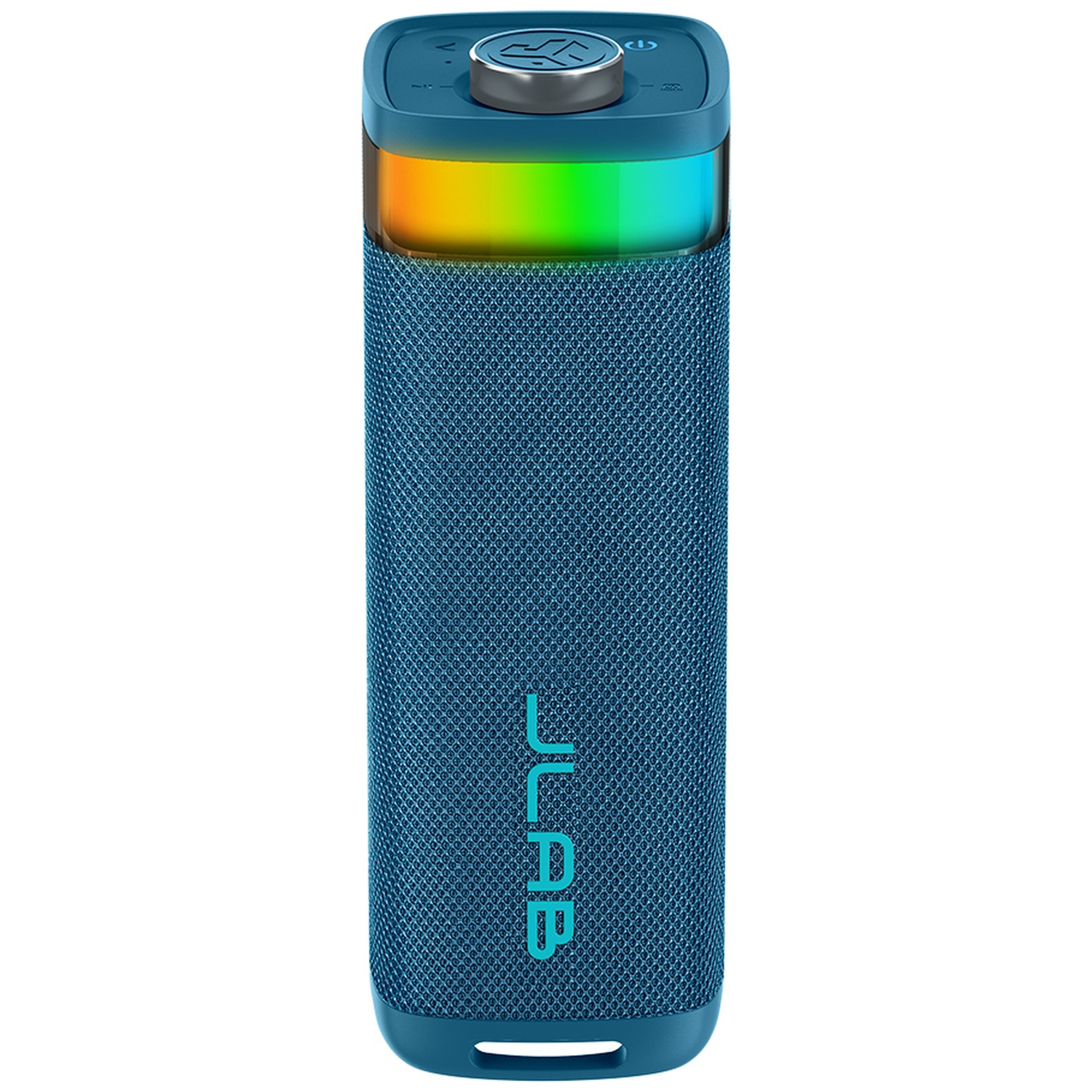 Een blauwe JLab Bluetooth speaker met regenboog LED-licht aan de bovenkant.