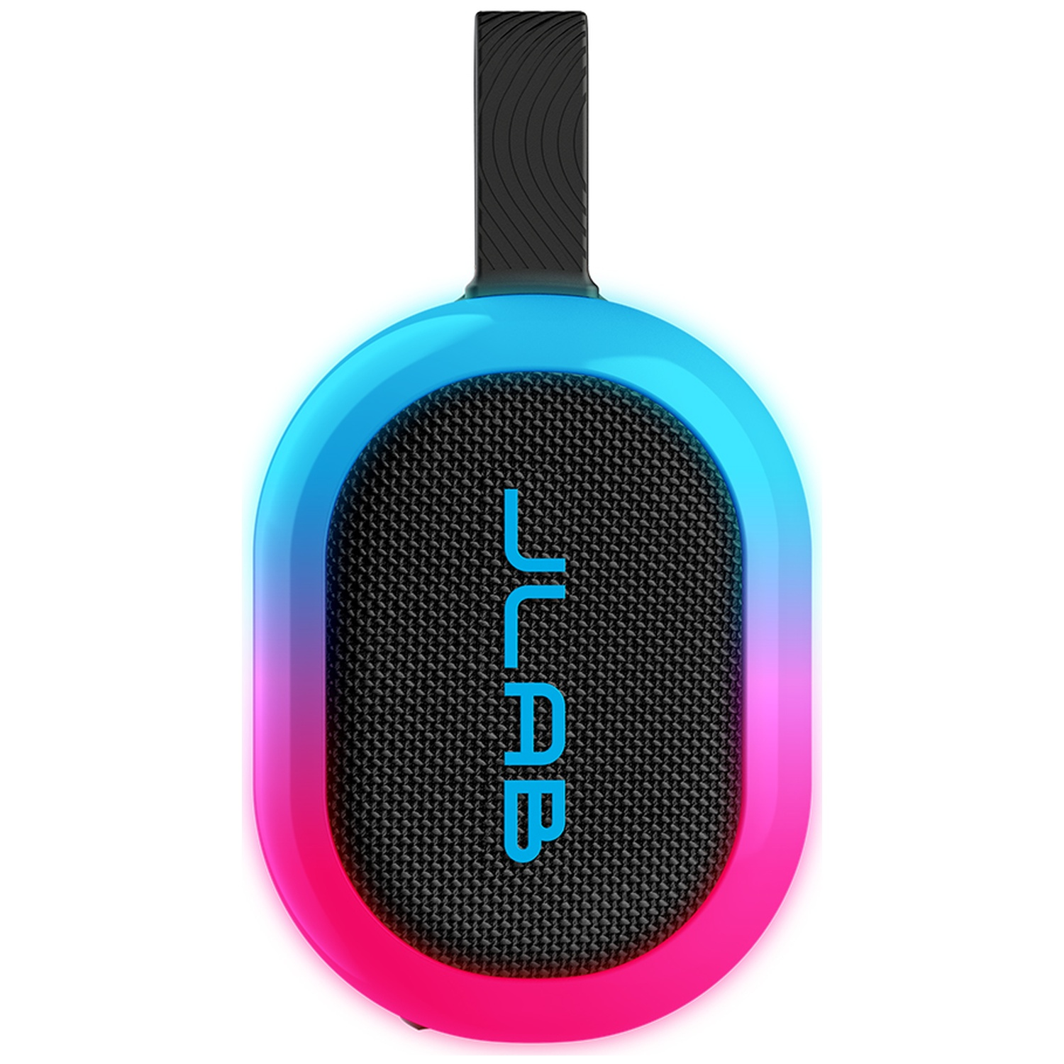 Oval speaker with blue and pink light and JLab logo.