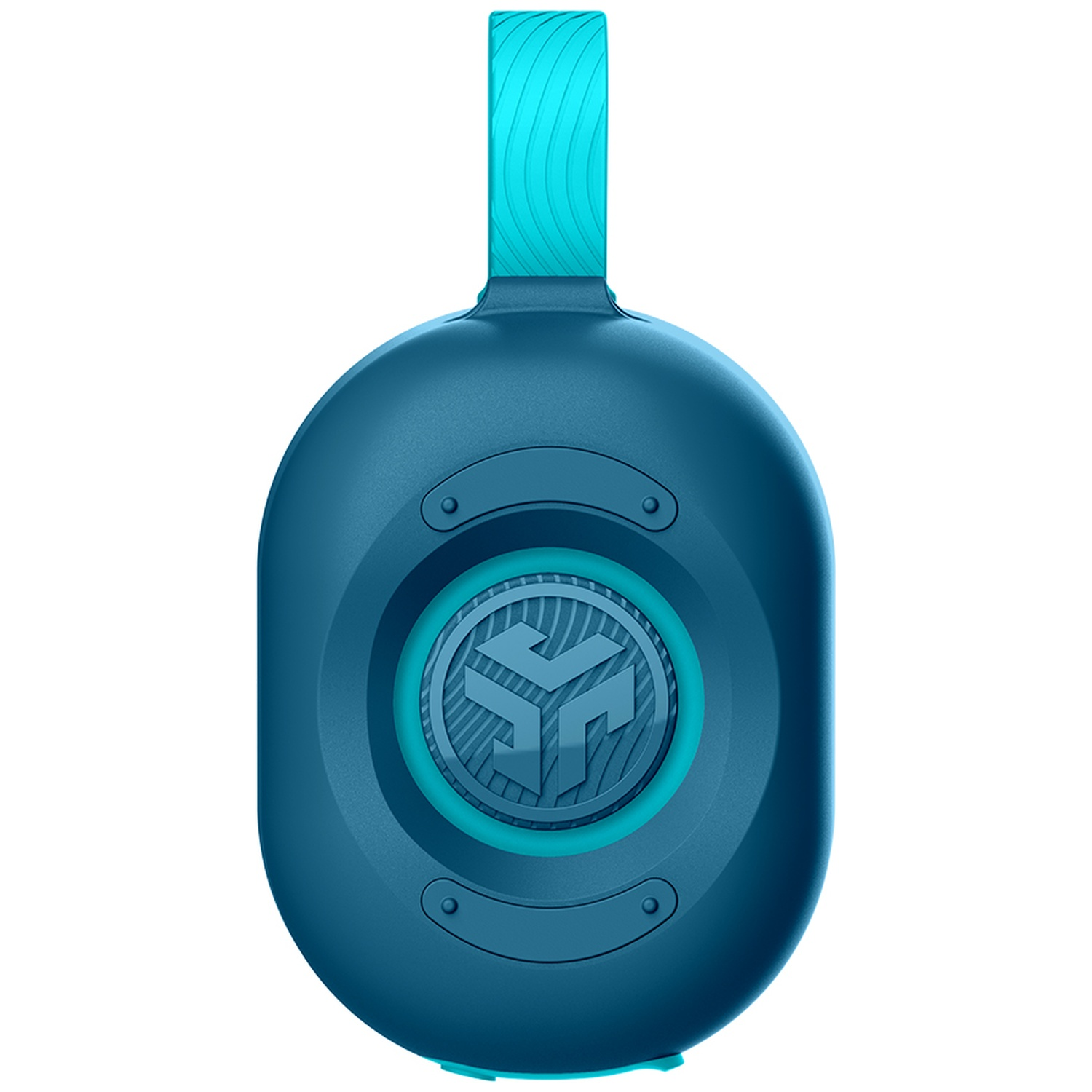 A blue headphone with a turquoise headband and logo.