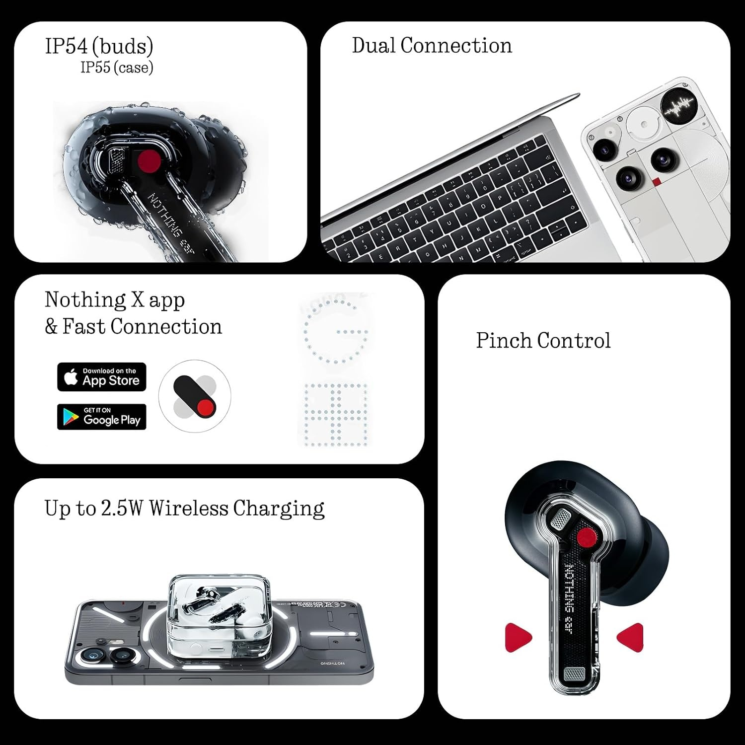 Quattro immagini mostrano auricolari Nothing Ear (2): protezione acqua, doppia connessione, app e ricarica.