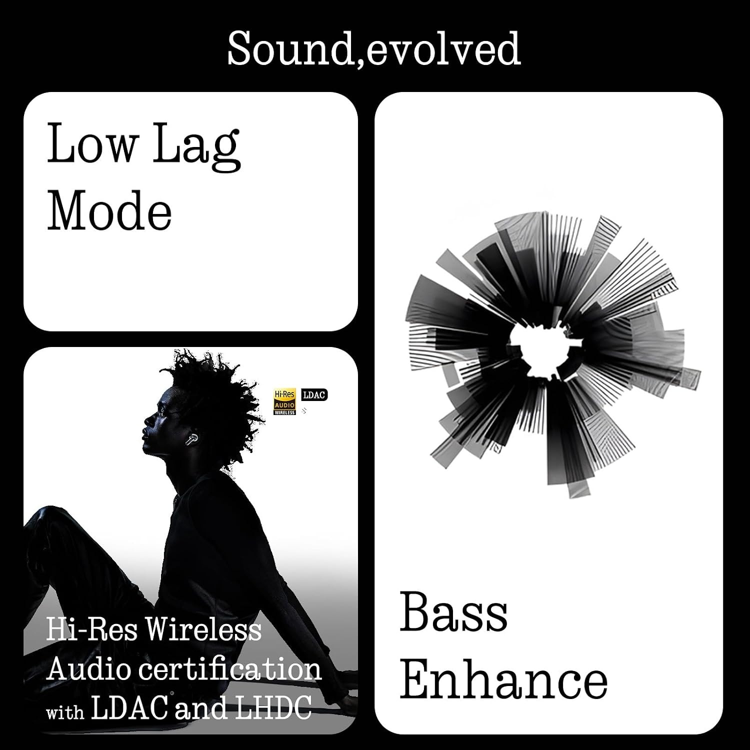 Uomo con cuffie, certificazione audio Hi-Res, grafica Bass Enhance.