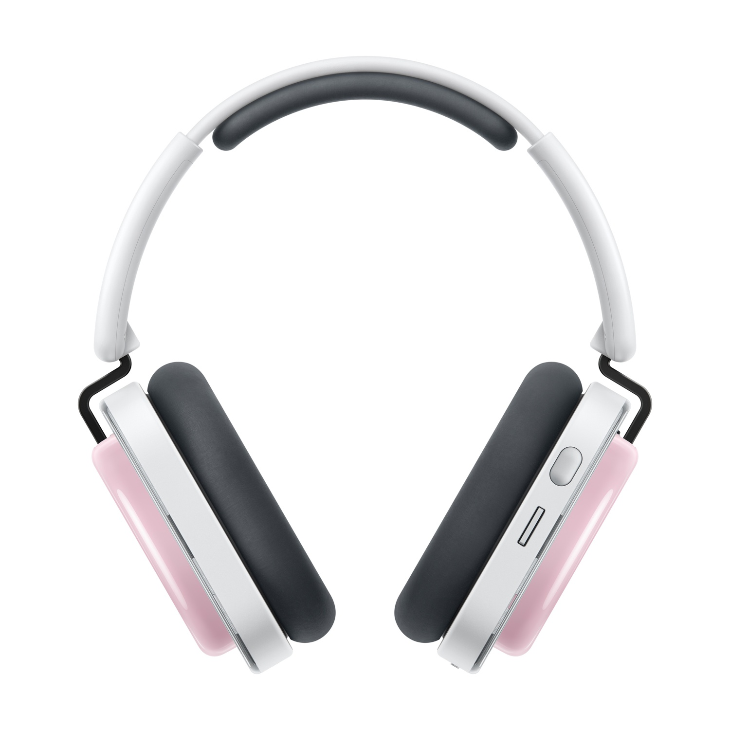Cuffie bianche e grigie con accenti rosa e pulsanti.