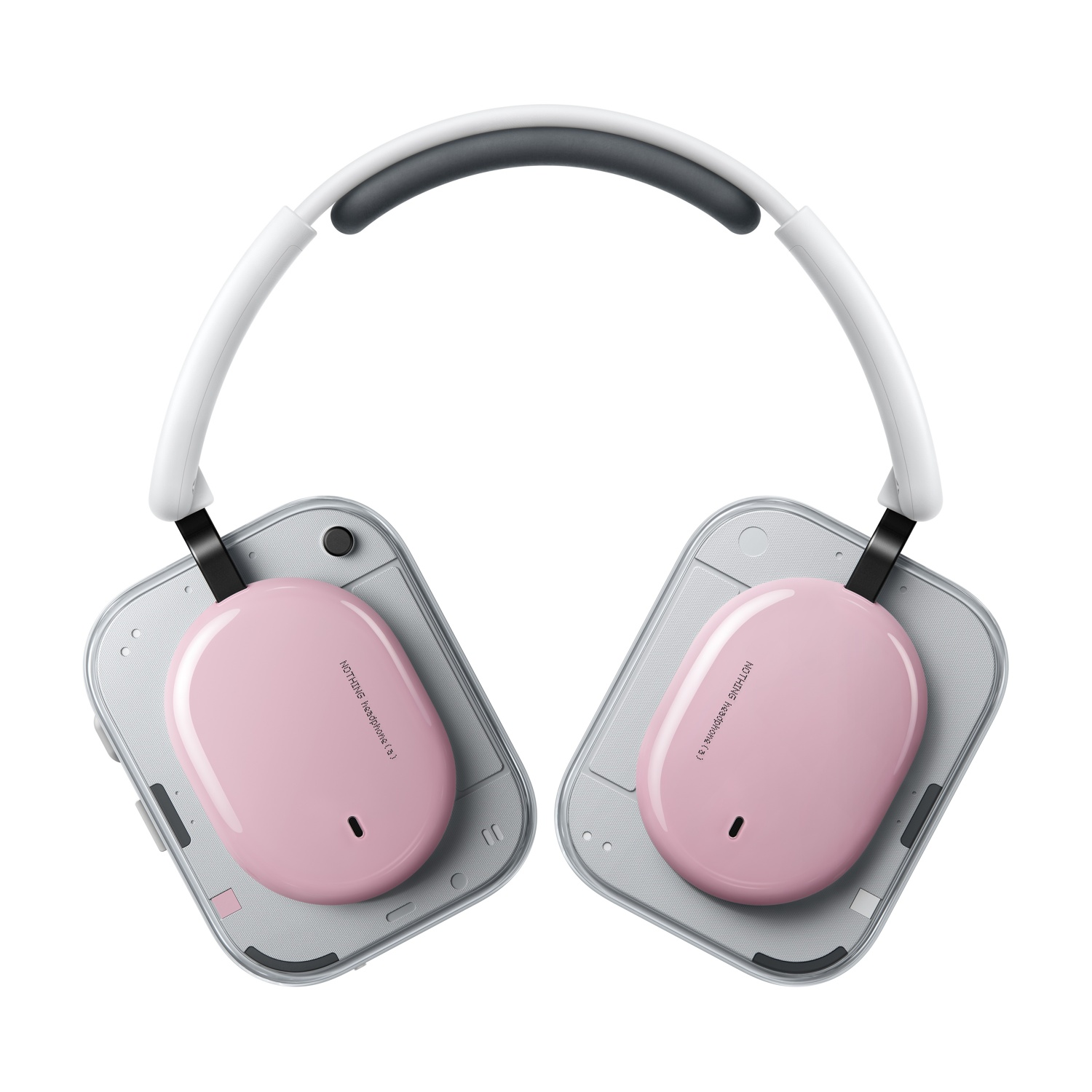 Un paio di cuffie bianche e grigie con padiglioni rosa su sfondo bianco.
