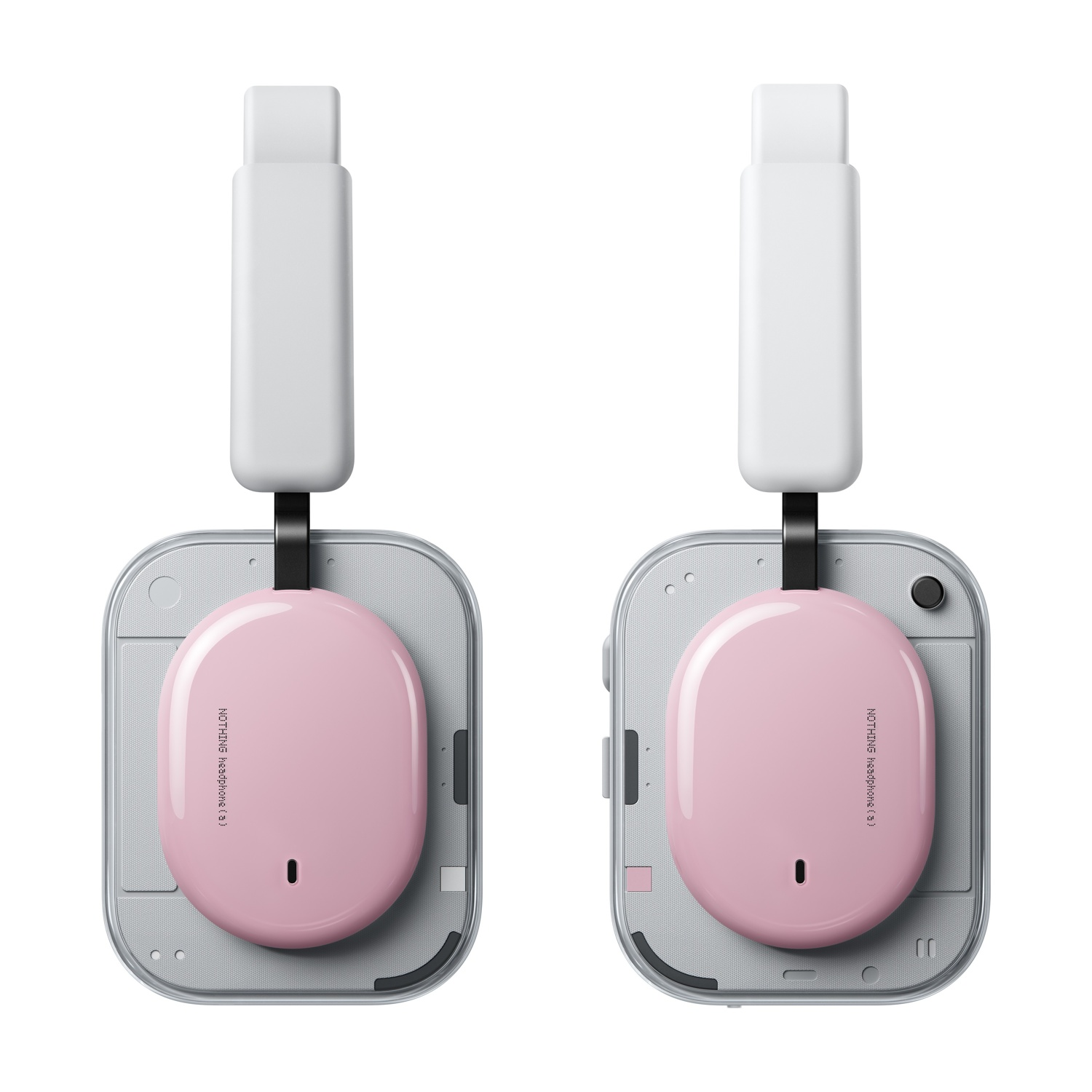 Due archetti per cuffie bianchi con auricolari rosa su sfondo argento.