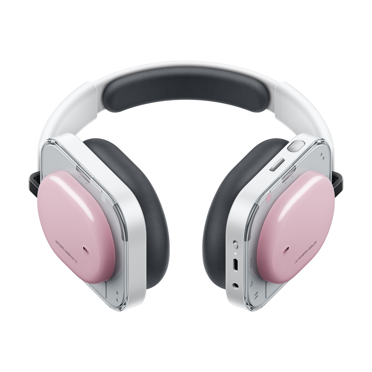 Cuffie bianche e nere con padiglioni rosa, su sfondo bianco.