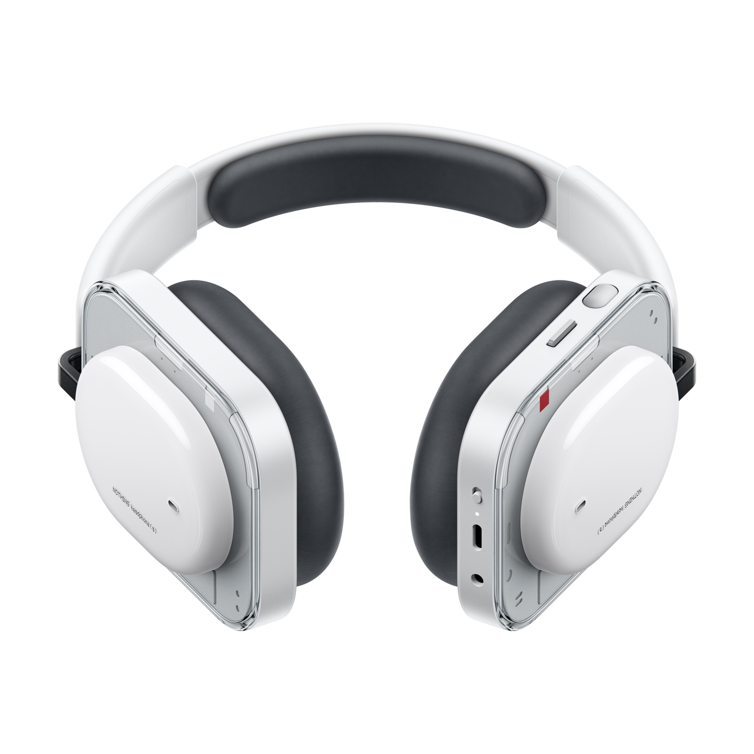 Cuffie bianche con auricolari scuri e accenti argentati, su sfondo bianco.
