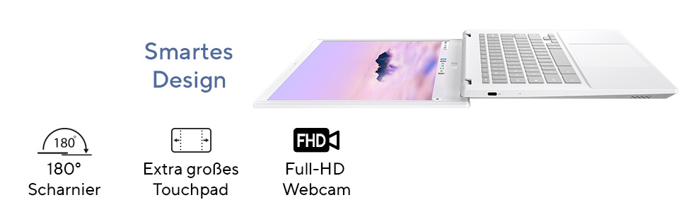 Ein weißer Laptop mit 180 Grad Scharnier, großem Touchpad und FHD-Webcam.