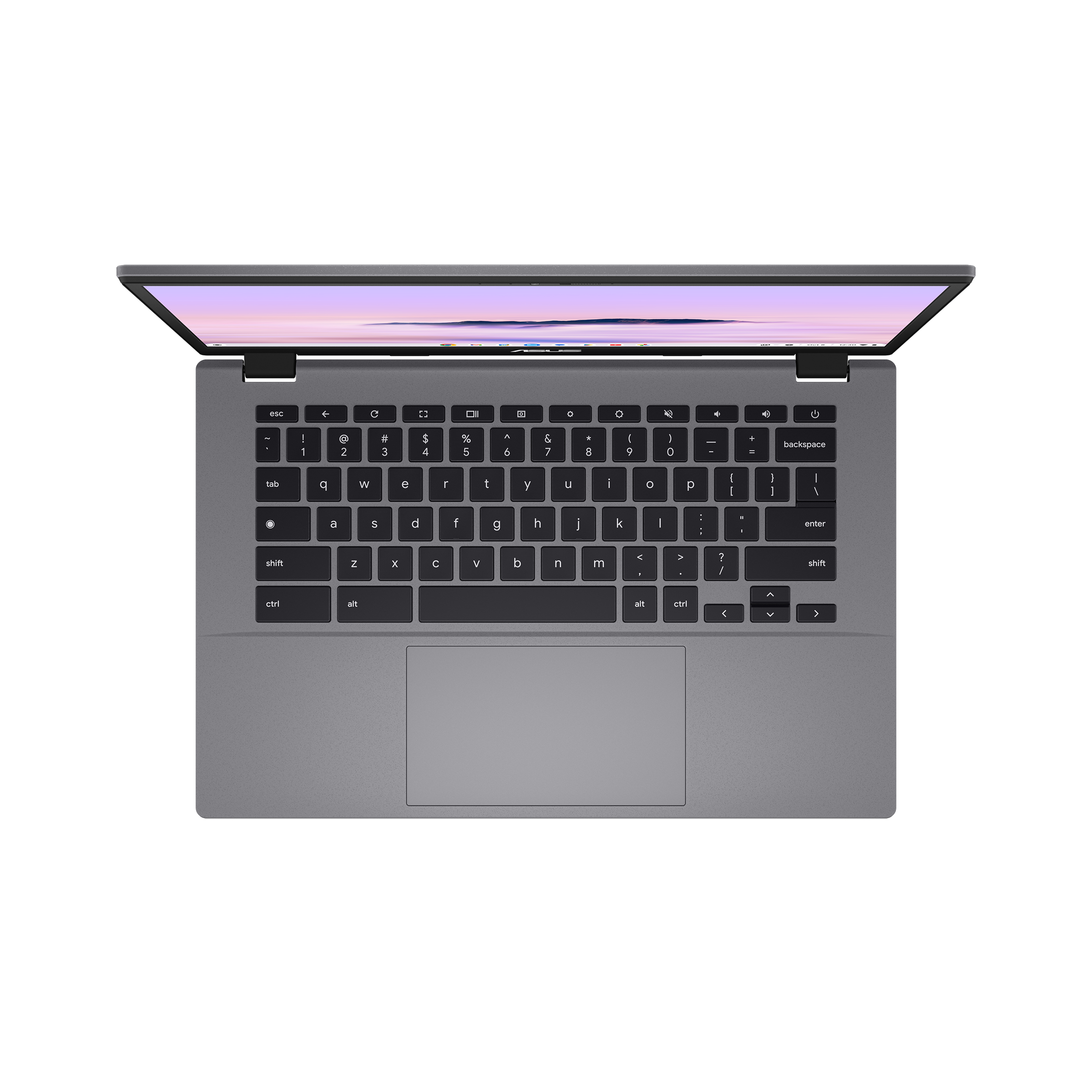 Ein graues Laptop mit geöffnetem Bildschirm, das auf schwarzem Hintergrund liegt.