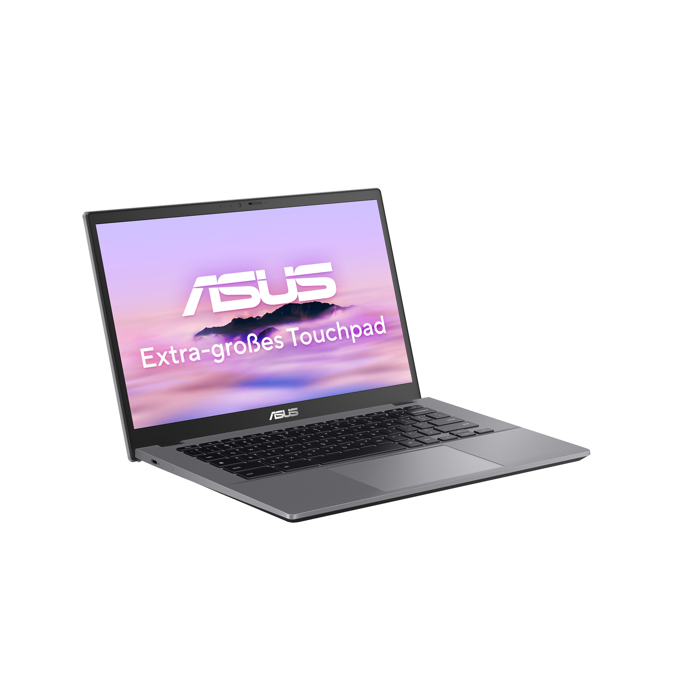 Ein graues Asus-Laptop mit großem Touchpad und dem Asus-Logo auf dem Bildschirm.