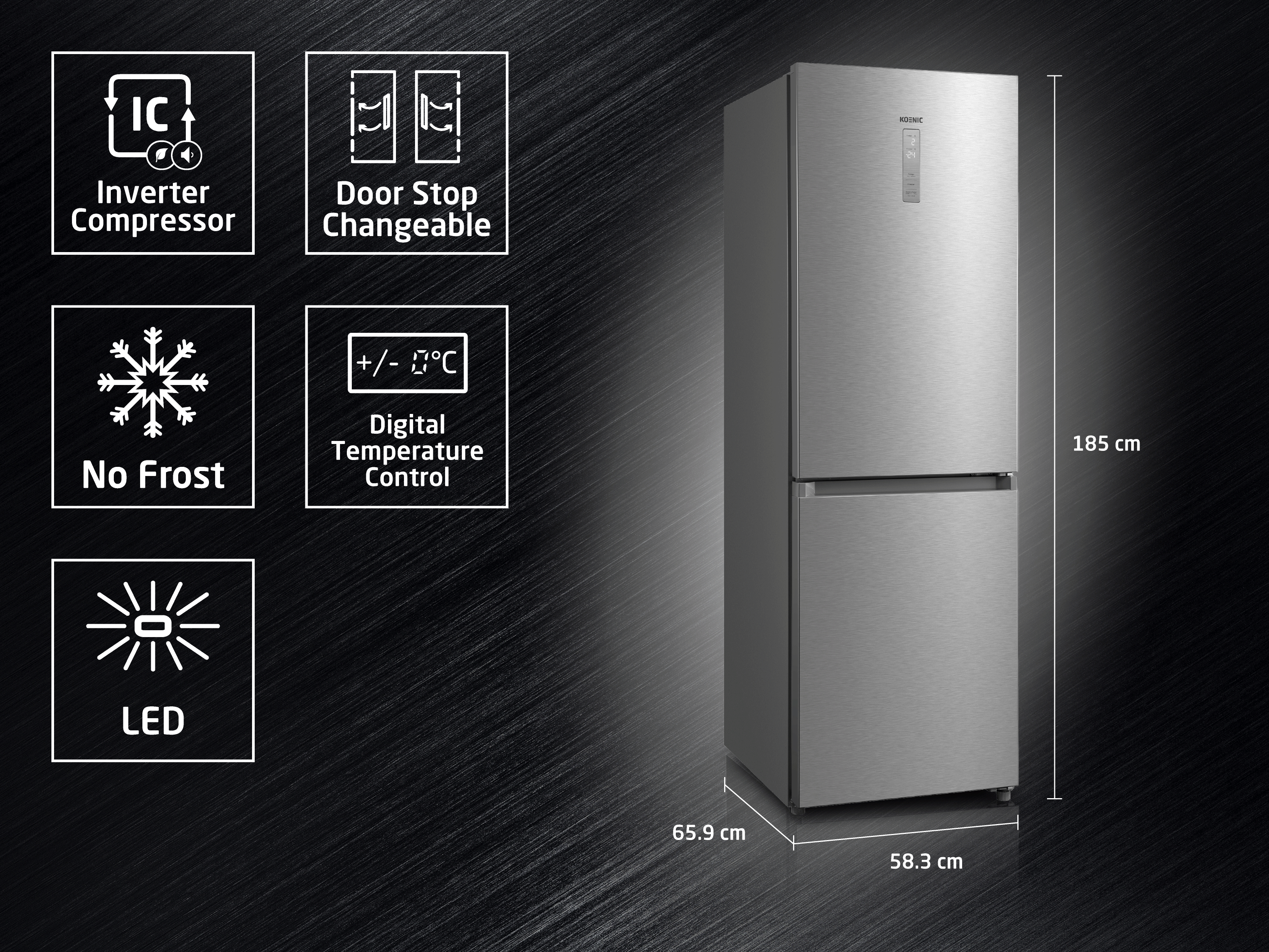 Ein silberner Kühlschrank mit 4 Funktionen: Inverter, Türanschlag, No Frost, LED.