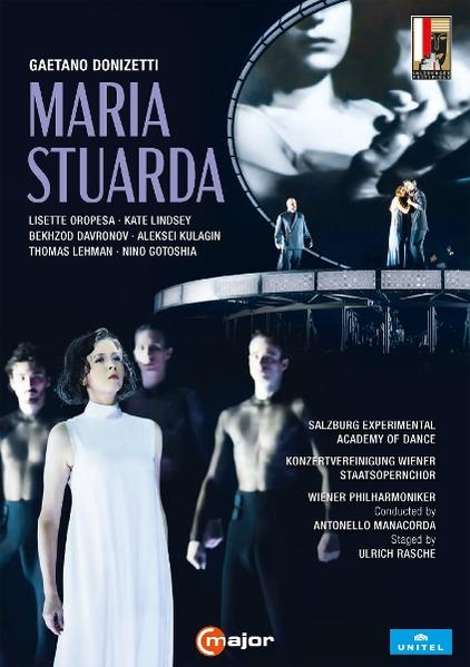 Opernplakat für Maria Stuarda von Donizetti mit Darstellern und Besetzungsinformationen.