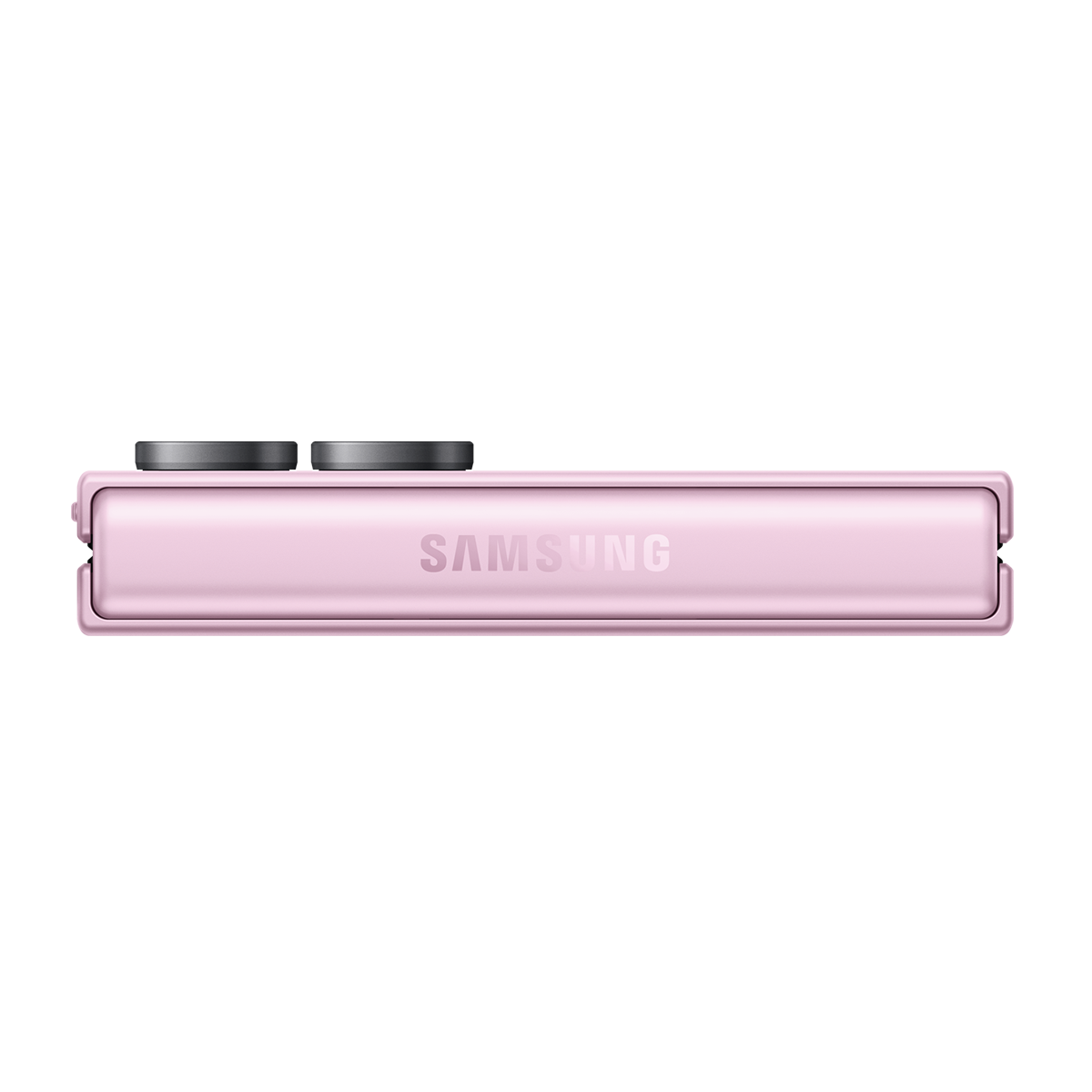Üstte iki siyah düğmesi olan pembe bir Samsung telefonun yan tarafı.