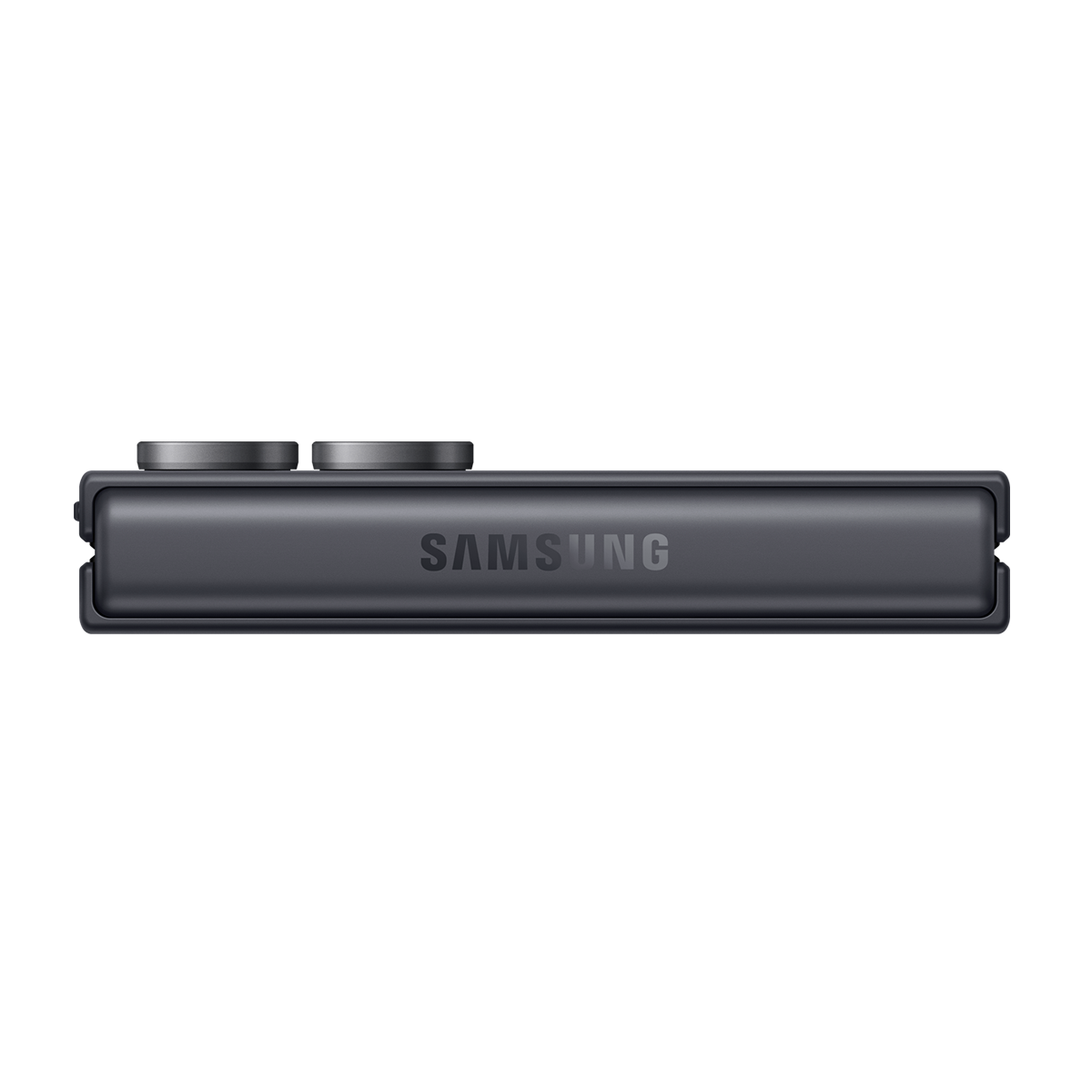 Üst kenarda iki düğmeli koyu gri Samsung telefon.