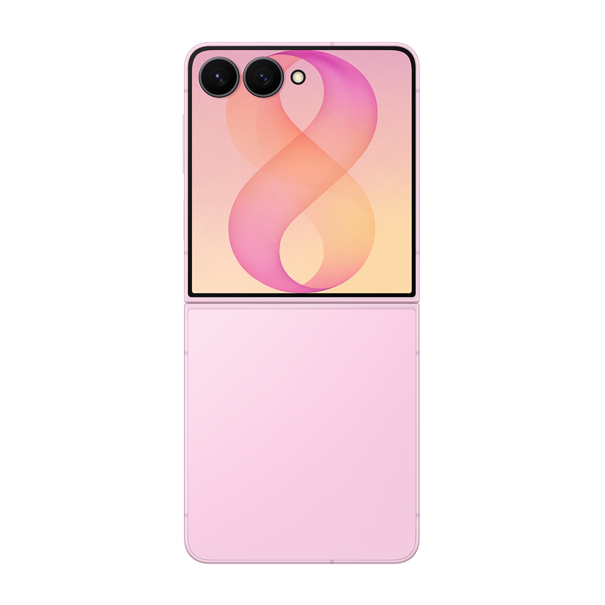 İki kamerası ve ekranda sonsuzluk sembolü olan, üstü açık pembe katlanabilir telefon.