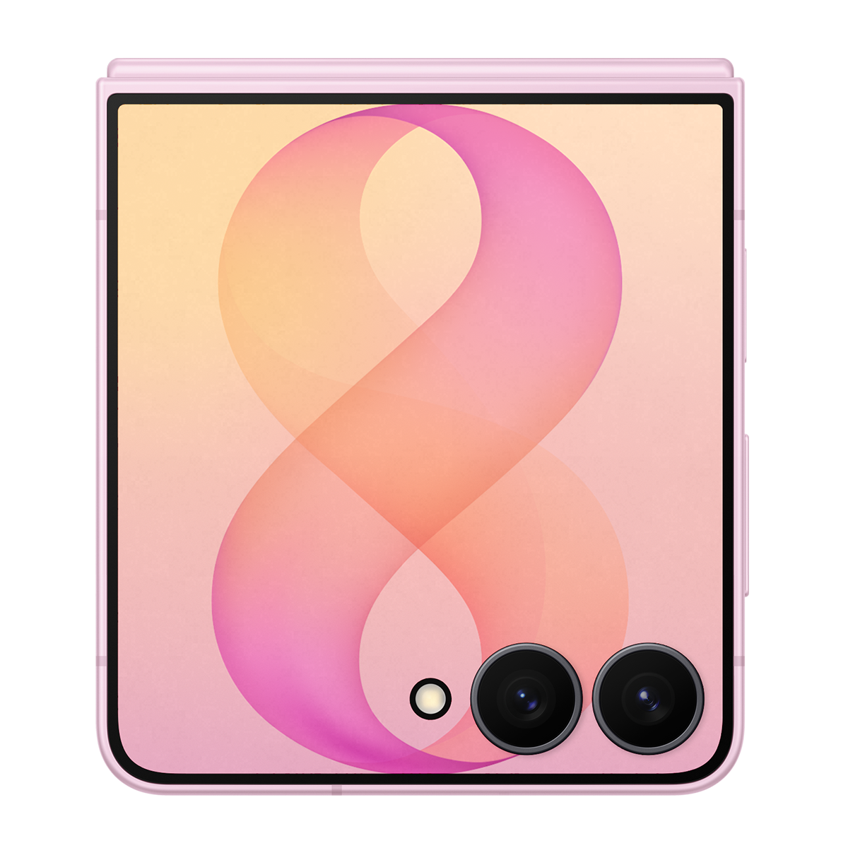 Ekranında soyut, akıcı turuncu ve pembe deseni olan pembe katlanabilir telefon.
