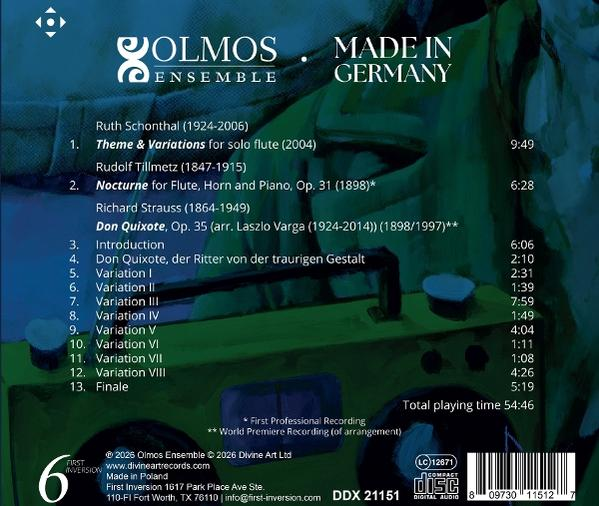 CD-Cover mit Werkliste: Olmos Ensemble, Made in Germany, Musikstücke mit Titeln und Spielzeiten.