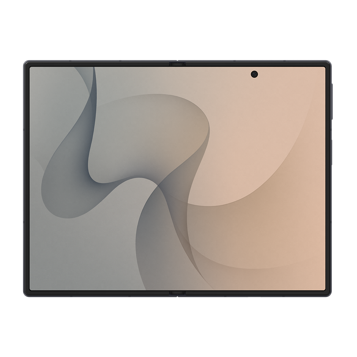 Soyut gri ve şeftali rengi bir arka planı gösteren açık bir tablet.