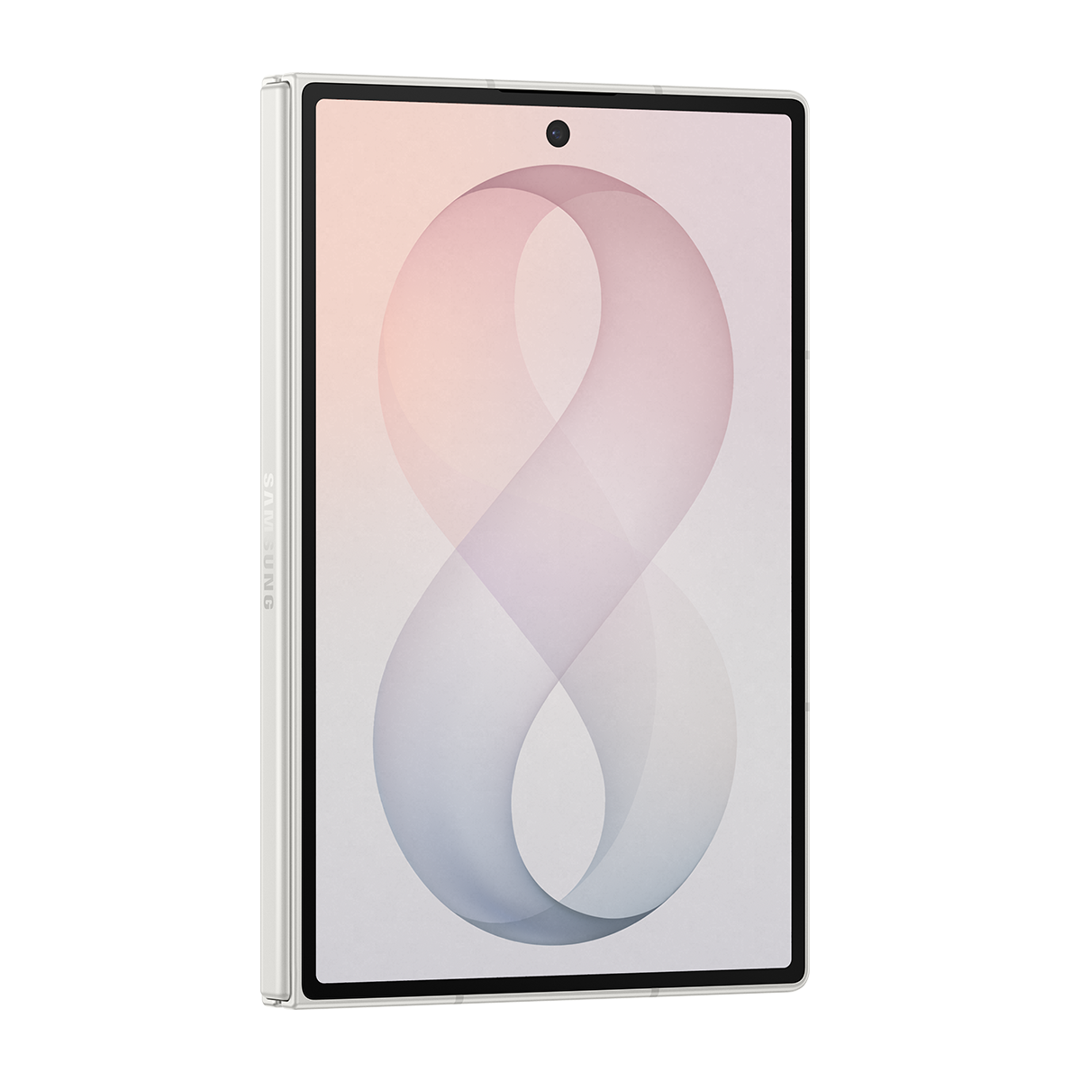 Ekranında sonsuzluk sembolü bulunan kapalı, beyaz bir tablet.
