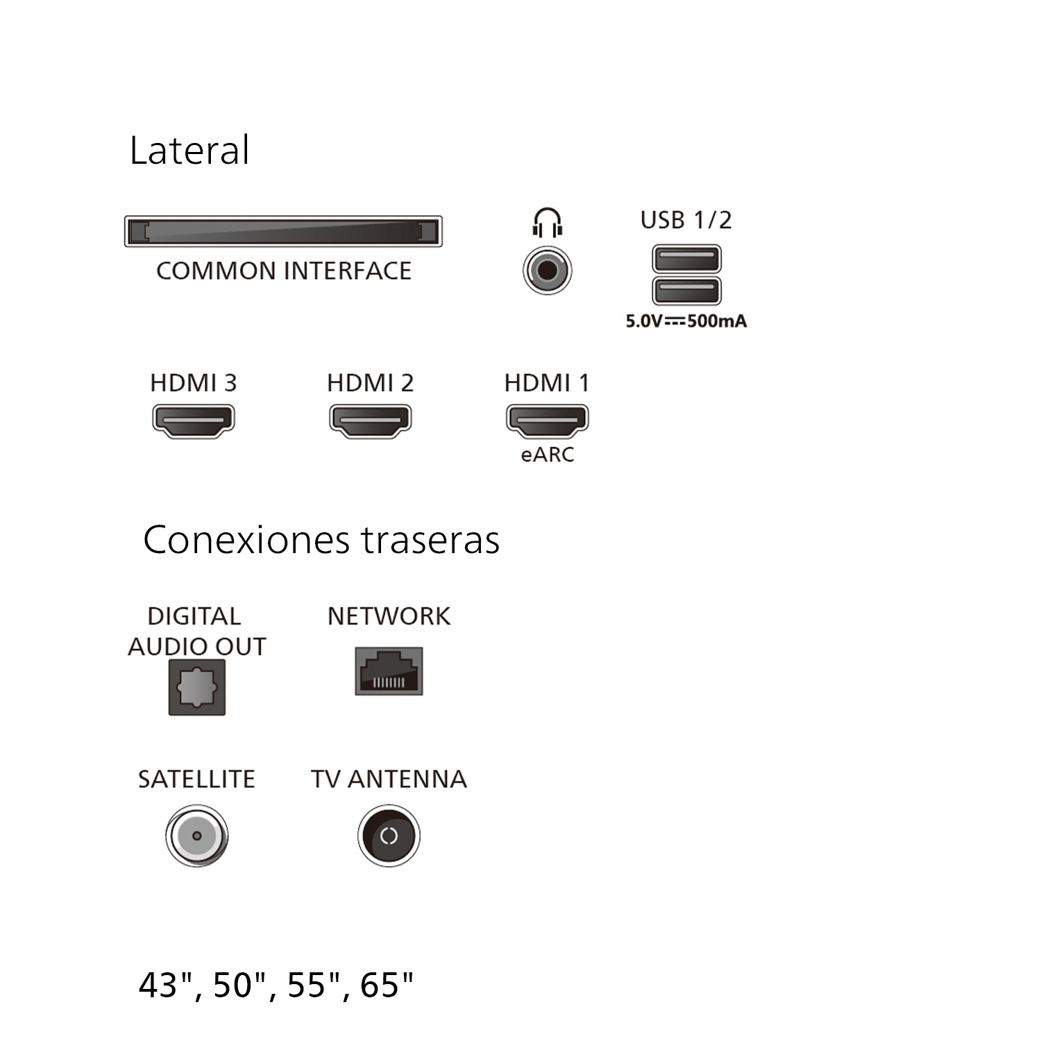 El diagrama muestra los puertos del televisor: Common Interface, HDMI 3, 2, 1 eARC, USB, Salida de audio digital, Red, Satélite, Antena TV.