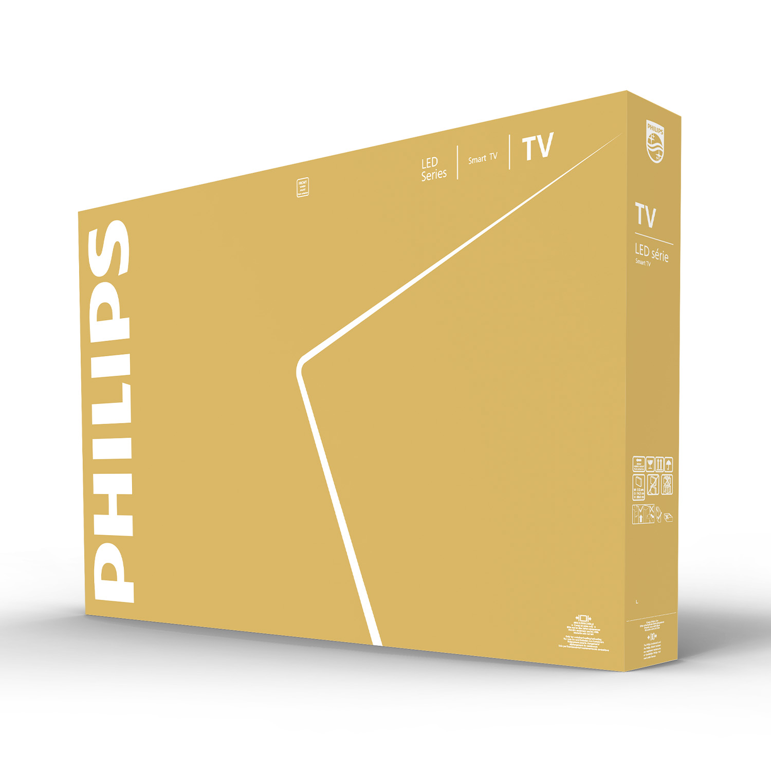 Caja dorada de TV Philips con letras blancas y una franja diagonal blanca.