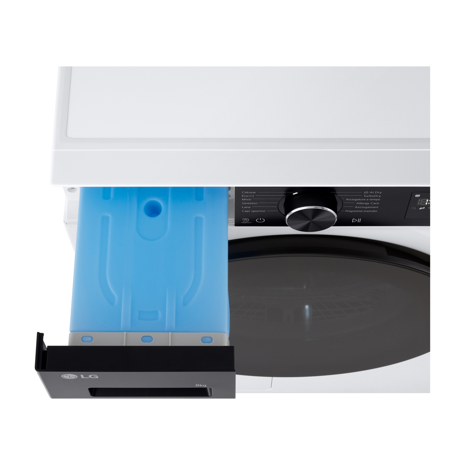 Lavatrice LG bianca con cassetto detersivo blu e pannello di controllo nero.