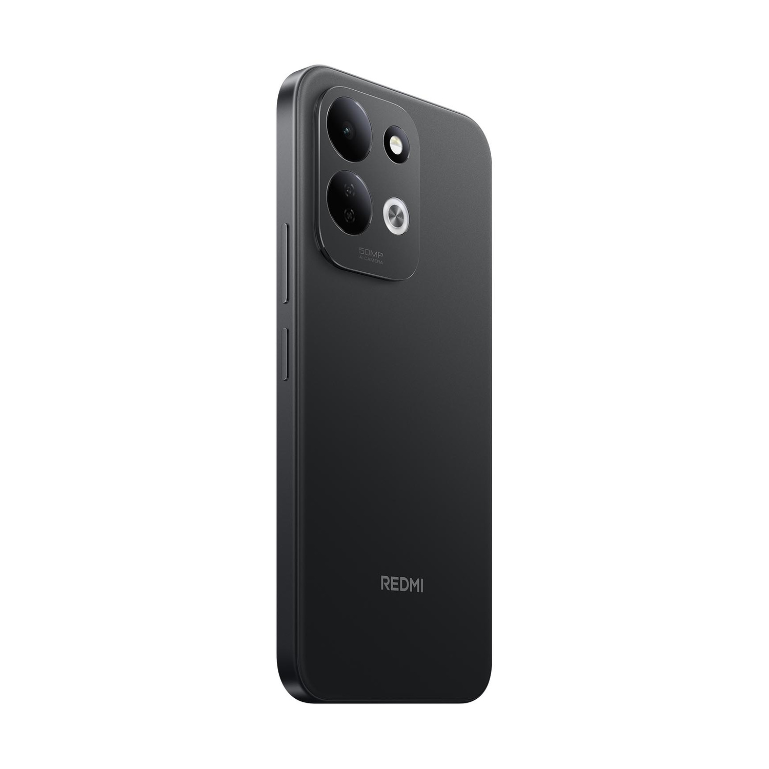 Uno smartphone nero con tre fotocamere e logo REDMI sul retro.