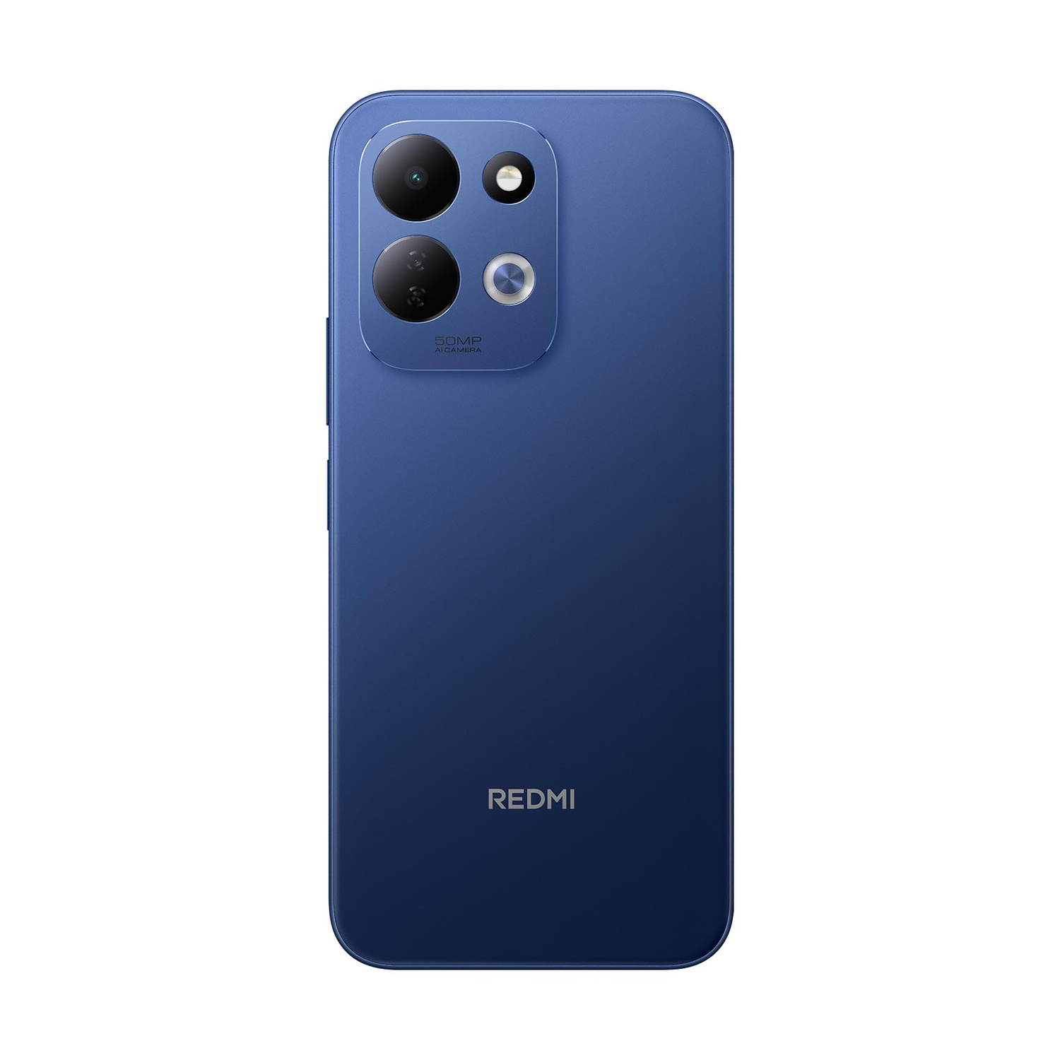 Uno smartphone blu con tre fotocamere e logo rosso su sfondo bianco.